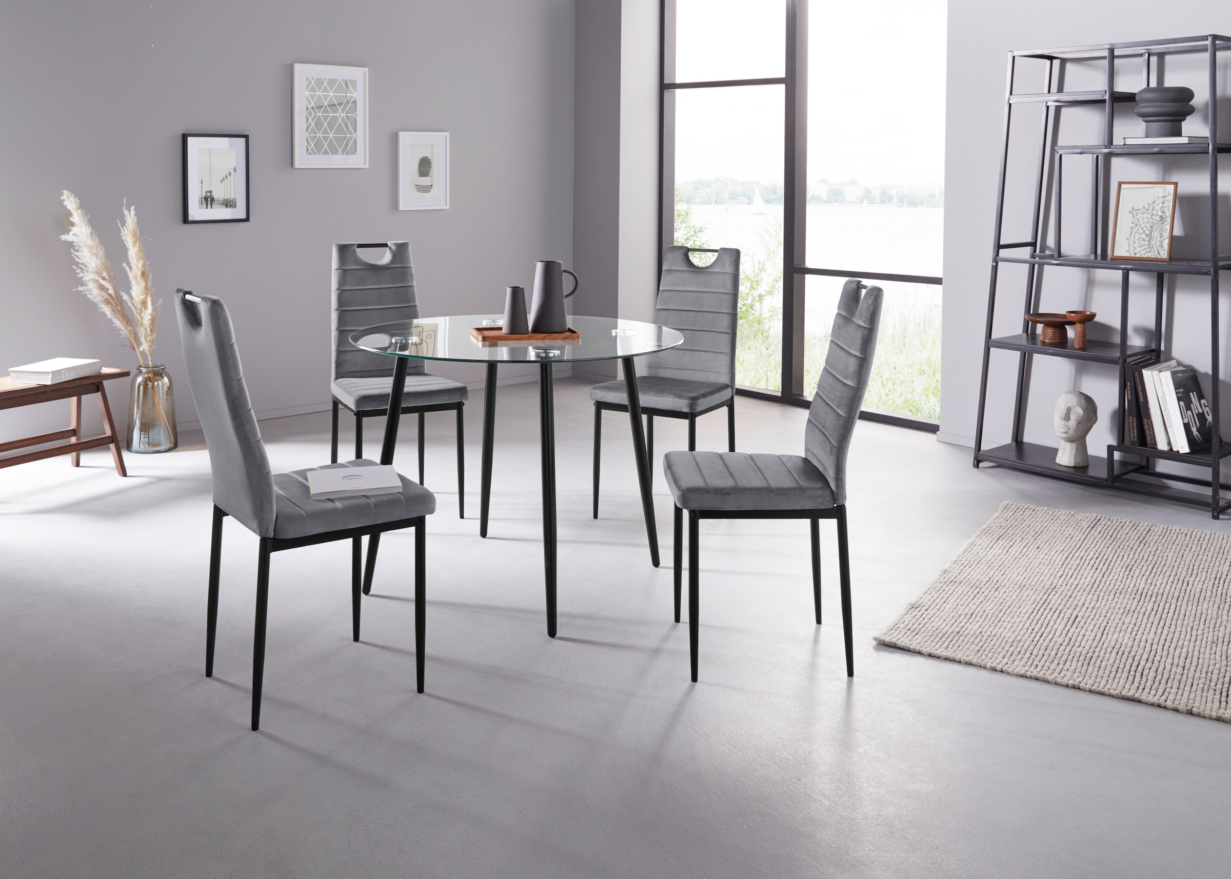 INOSIGN Essgruppe, (Set, 5 tlg.), runder Glastisch, Ø 100 cm und 4  Esszimmerstühlen, Bezug aus Samtstoff online kaufen | Jelmoli-Versand
