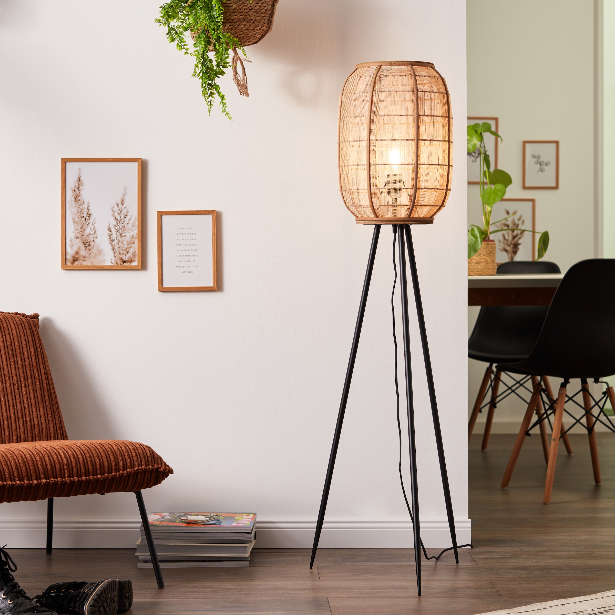 Home affaire Stehlampe »Rouez«, 1 flammig-flammig, dreibeinige Standleuchte mit 1,34m Höhe, Schirm aus Textil und Holz