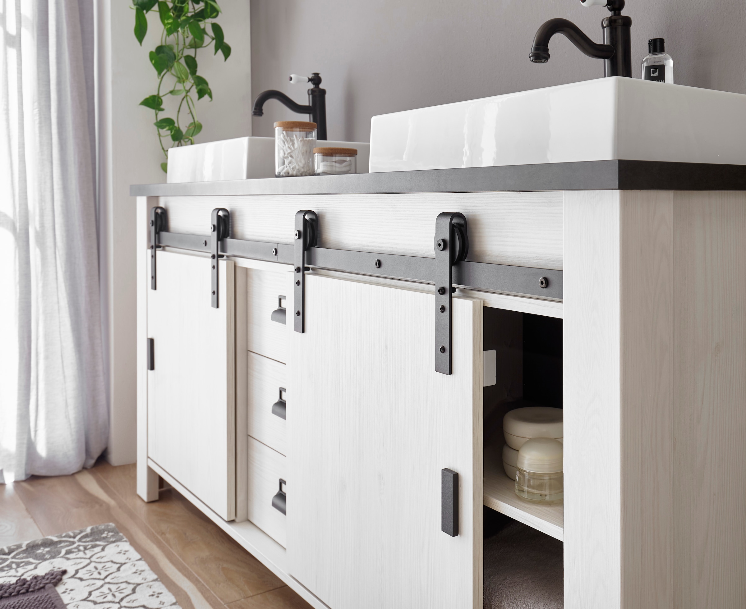 Home affaire Waschtisch »SHERWOOD«, Holz, Scheunentorbeschlag und Apothekergriffe aus Metall, Höhe 91 cm