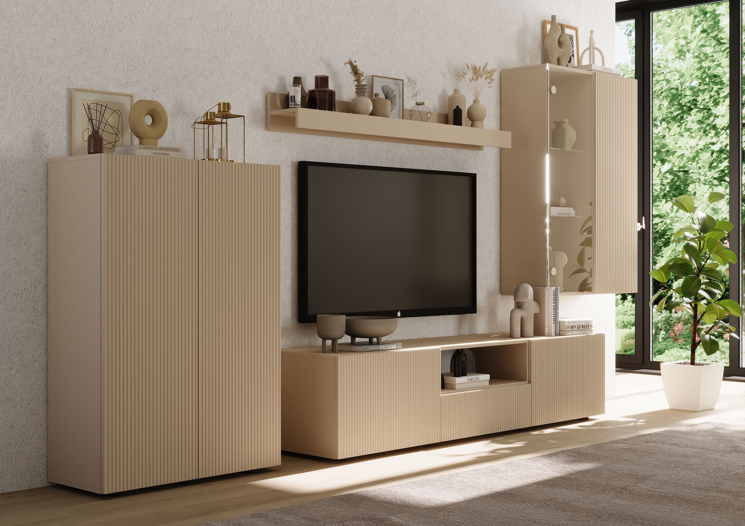 INOSIGN Wohnwand »Rio, 4tlg. Breite 300 cm, modernes, elegantes Wohnzimmer-Set«, (4 St.), (Lowboard, Highboard, Hängevitrine, Wandboard), MDF-Fronten geriffelt