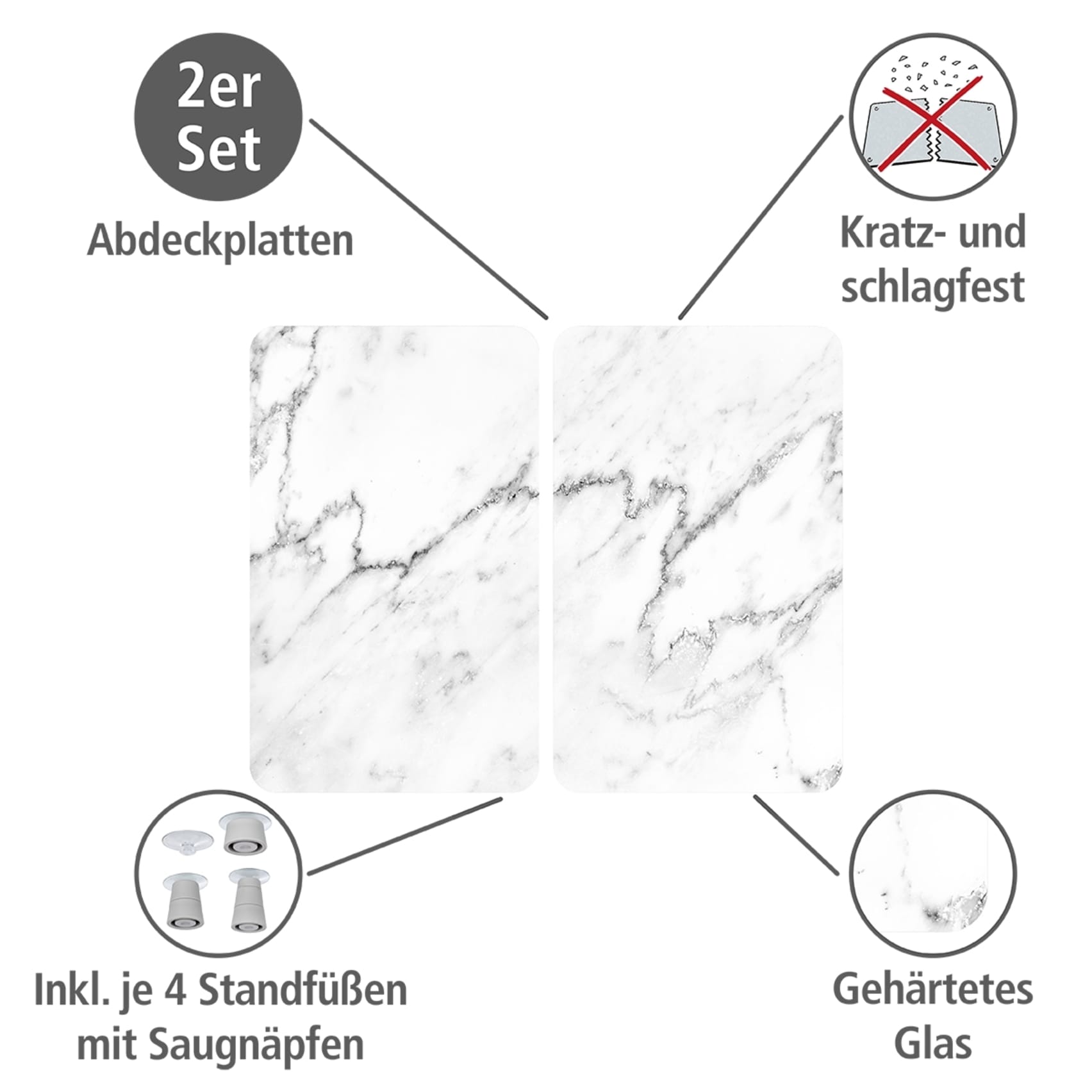 WENKO Herd-Abdeckplatte »Universal Modell Marmor«, (Set, 2 tlg.), Herdabdeckung für alle Herdarten, kratzfest, mit rutschfesten Füssen