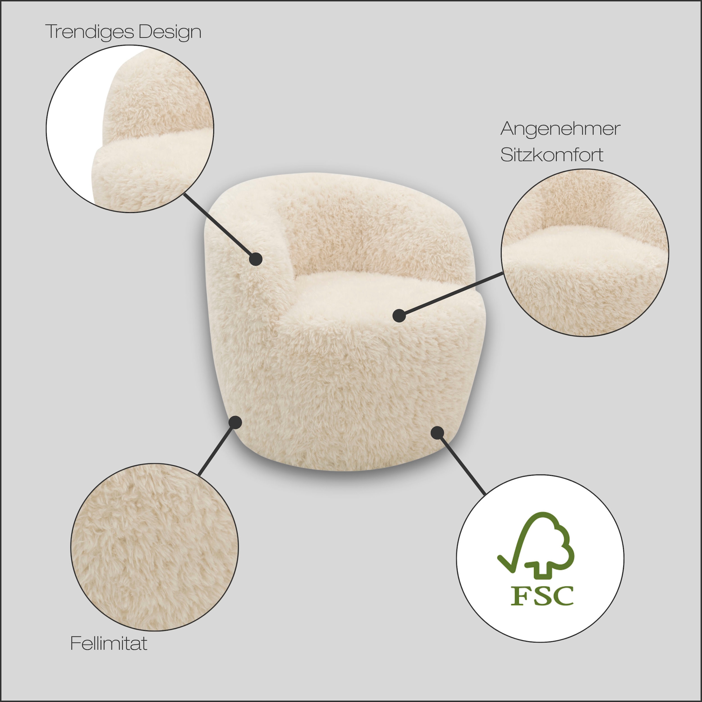 DOMO collection Sessel »Obidos moderner Loungesessel«, Flausch, creme