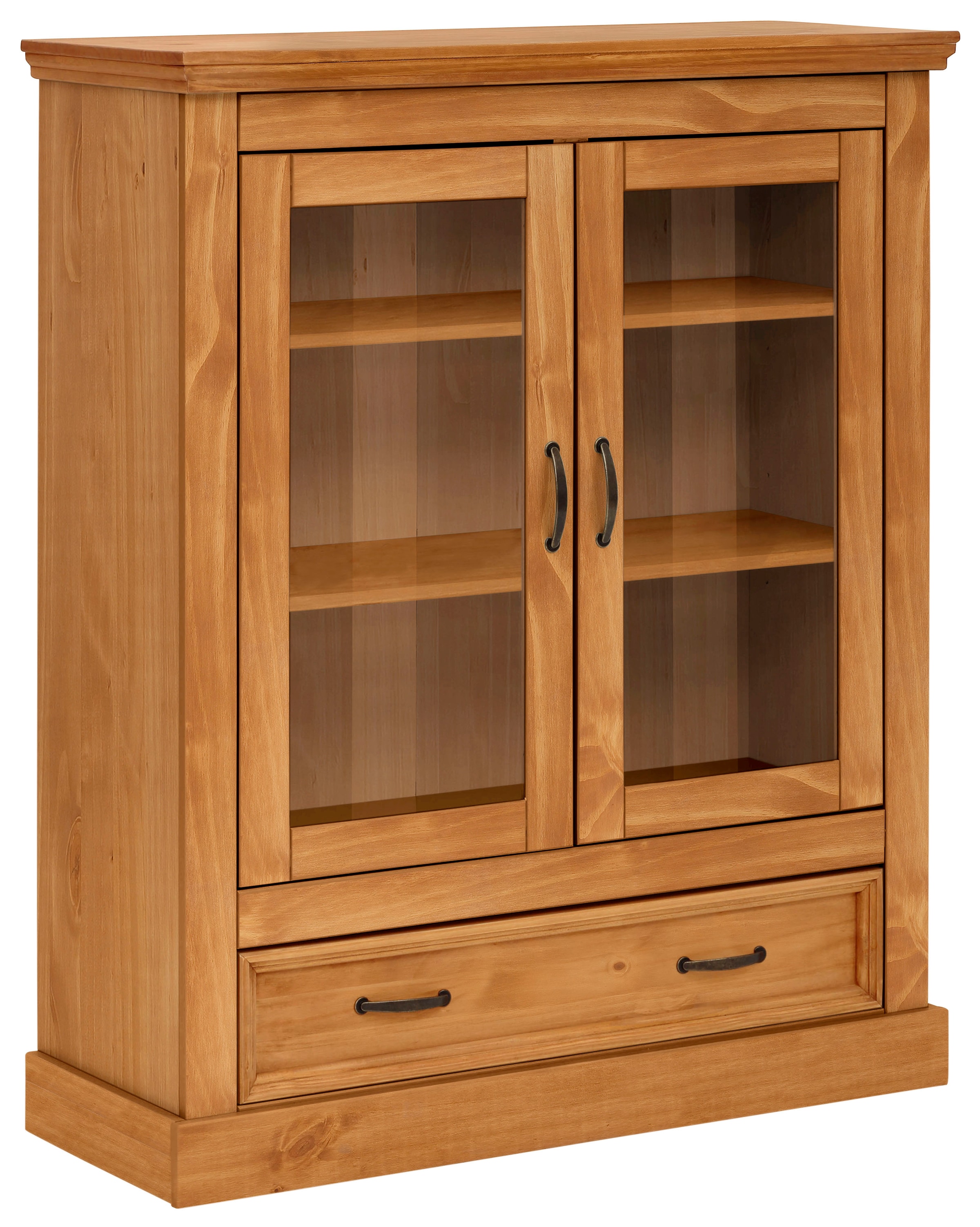 Home affaire Vitrine »Selma Highboard«, aus massivem Kiefernholz, mit Griffen aus antikisiertem Metall