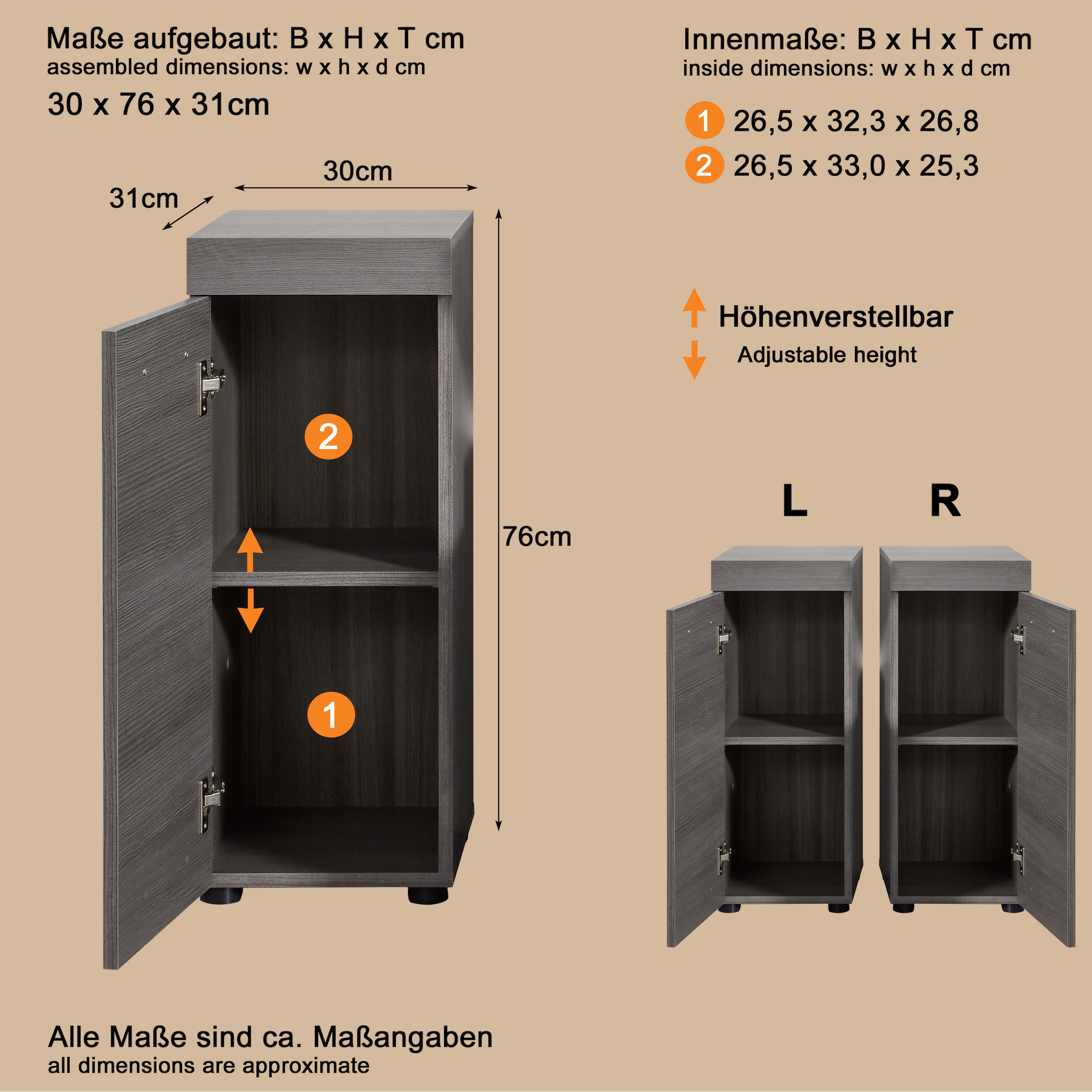 welltime Stauraumschrank »Royan«, Badkommode mit 2 Fächern in Rauchsilberfarben - Masse (B/T/H) 30/30/76 cm
