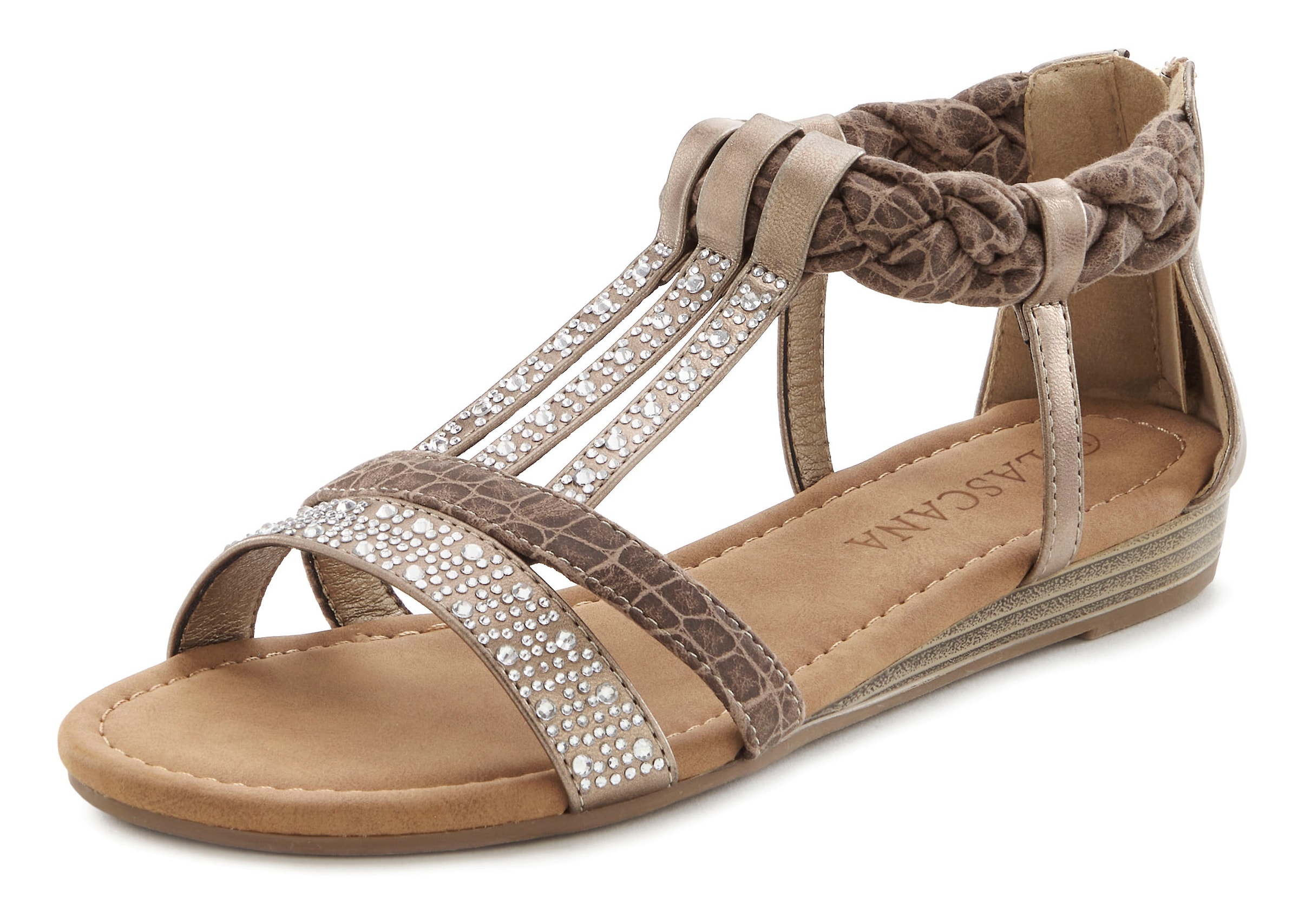 LASCANA Sandale »Sommerschuh, Sandalette«, mit Glitzersteinen und kleinem Keilabsatz im Festival-Look VEGAN