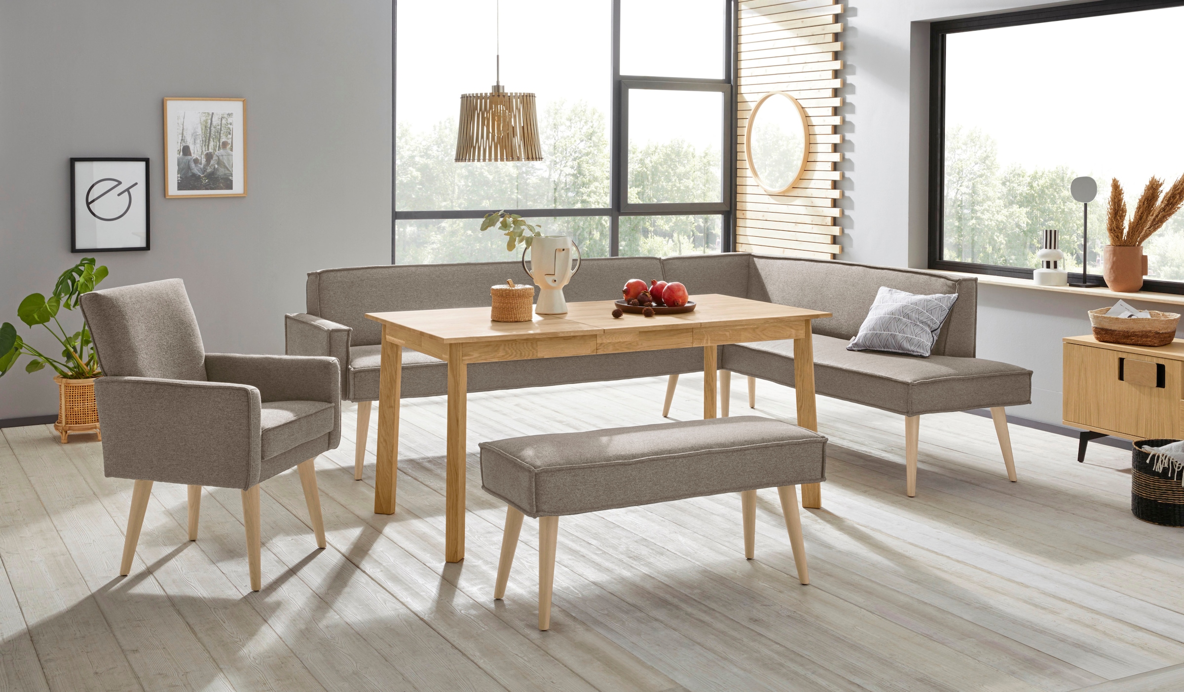 exxpo - sofa fashion Eckbank »Lungo, moderne Kedernaht, bequem und elegant, hoher Holzfuss«, hochwertige Detailverarbeitung, frei im Raum stellbar
