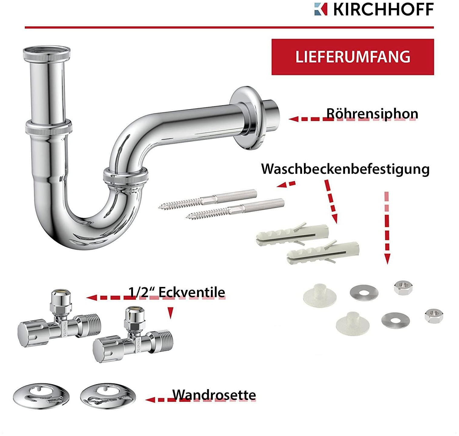 Kirchhoff Siphon, (Set), Ablaufgarnitur für Waschtisch inkl. Eckventil 1/2" Befestigung