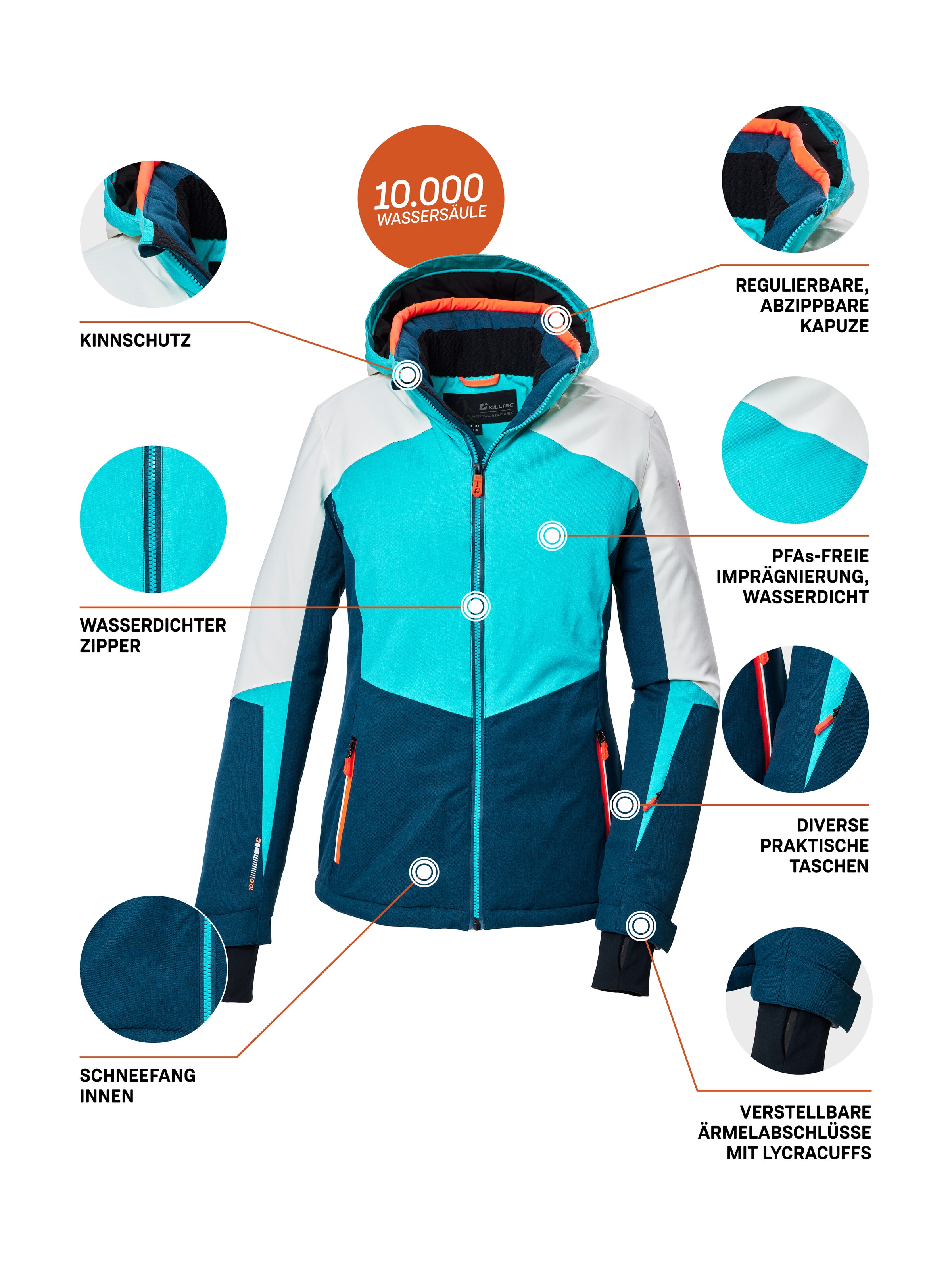 Killtec Skijacke »KSW 66 WMN SKI JCKT«, Damen Skijacke: wasserdicht, atmungsaktiv, Colourblock Design