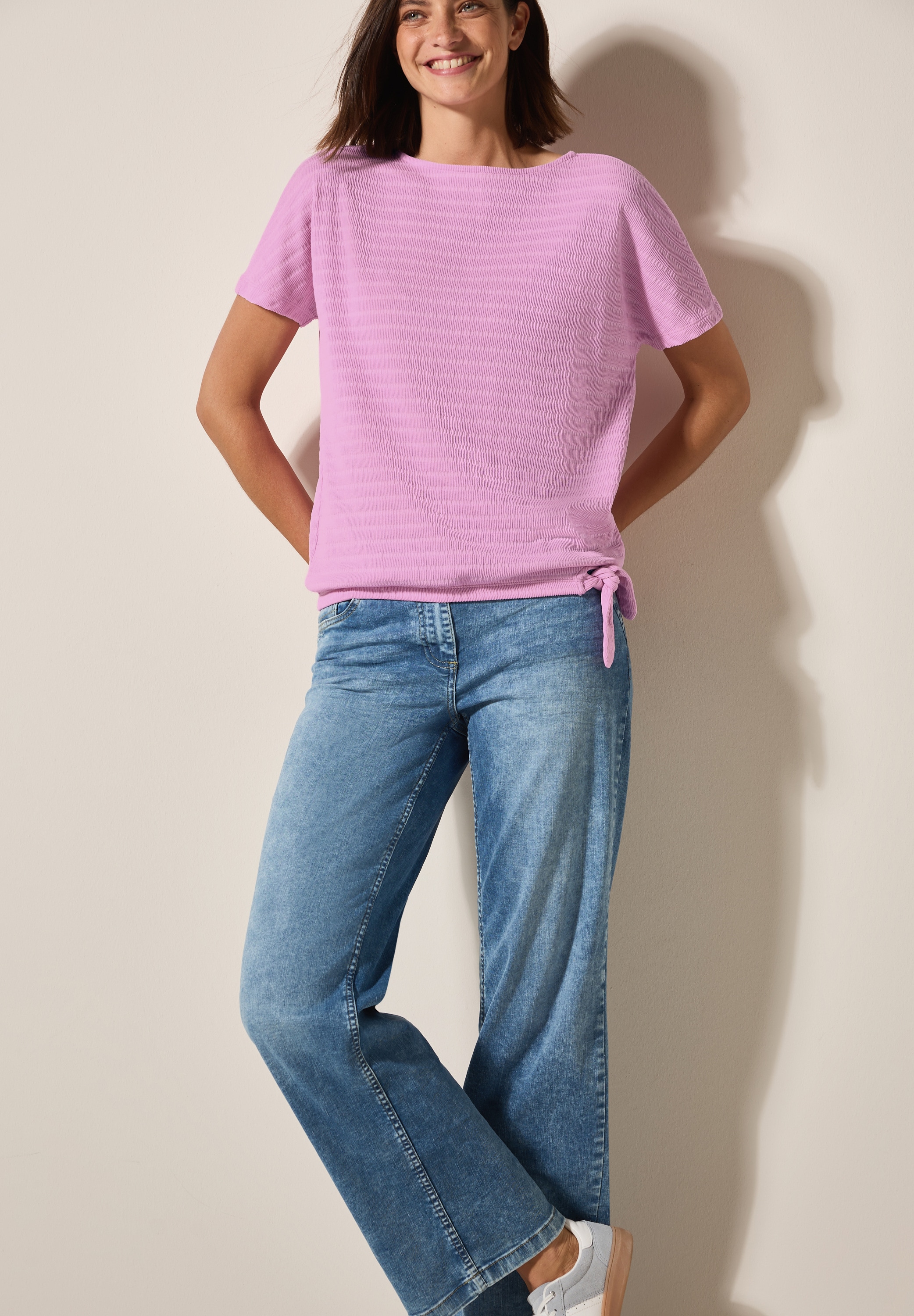Cecil T-Shirt, in Smok-Optik und mit Knoten-Detail
