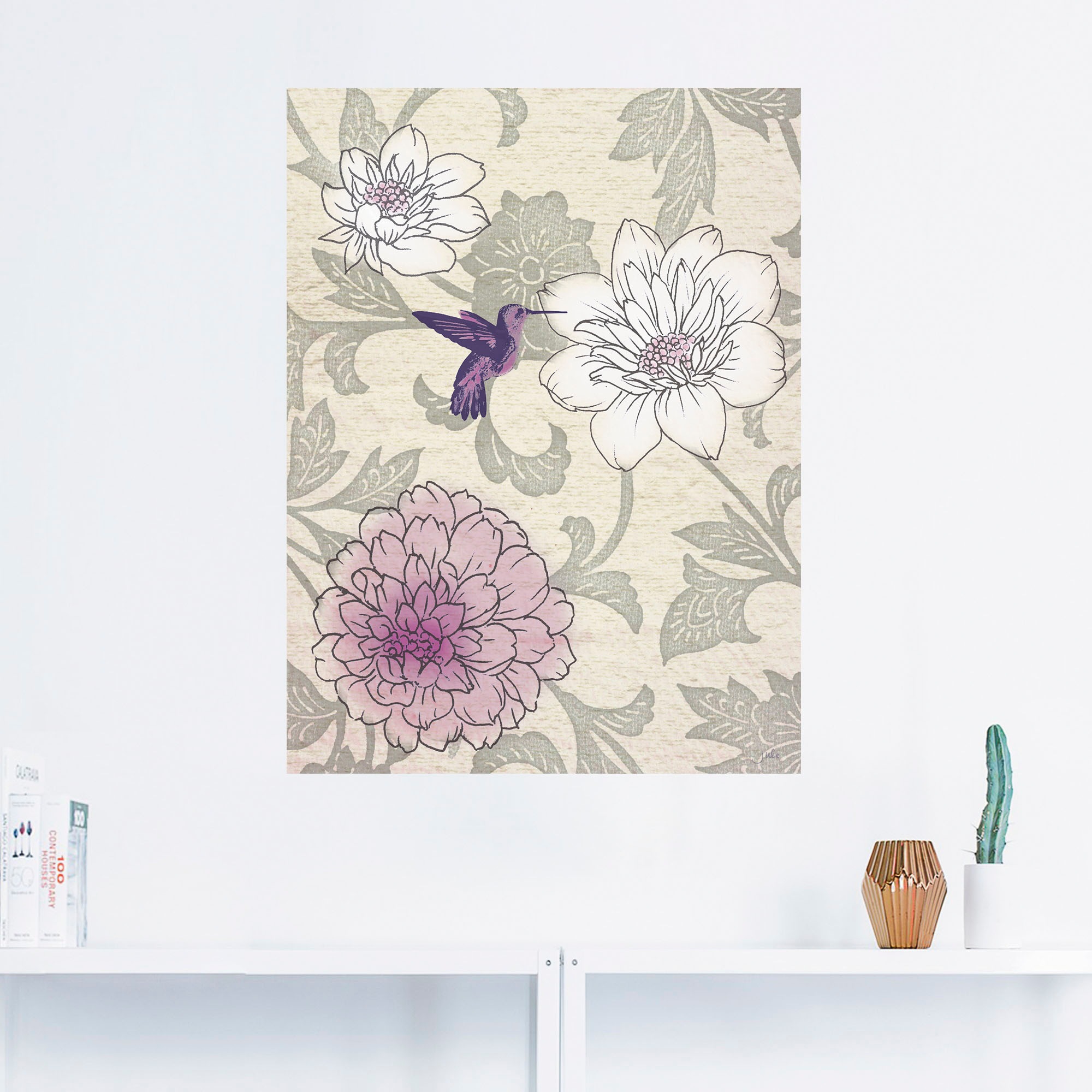 Artland Wandbild »Blumenmuster mit Kolibri«, Blumen, (1 St.), als Poster, Wandaufkleber in verschied. Grössen