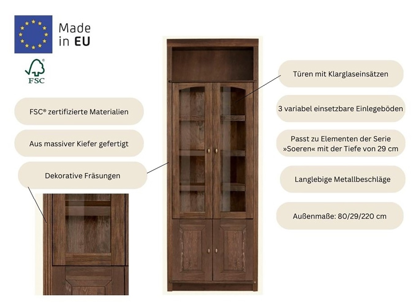 Home affaire Bücherregal »Soeren Vitrine mit 2 Glastüren, Breite/Tiefe: 80/220 cm«, Kiefer massiv, Tiefe 29 cm, 2 Holz- und 2 Türen mit Klarglas- Einsatz