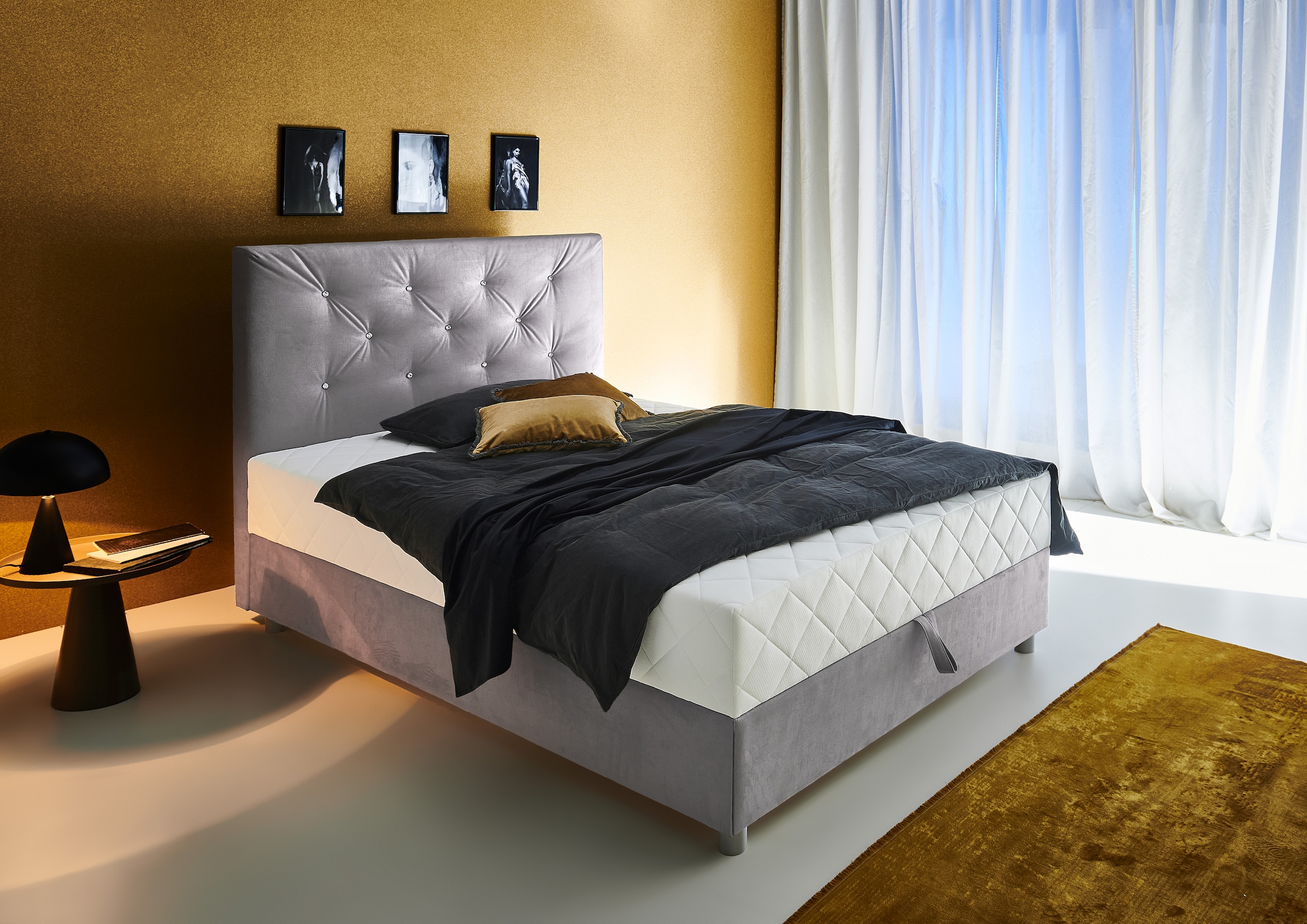 ATLANTIC home collection Boxbett »CELIA im hochwertiger Samtoptik«, mit Taschen-Federkernmatratze, Bettkasten und Strass-Steinen