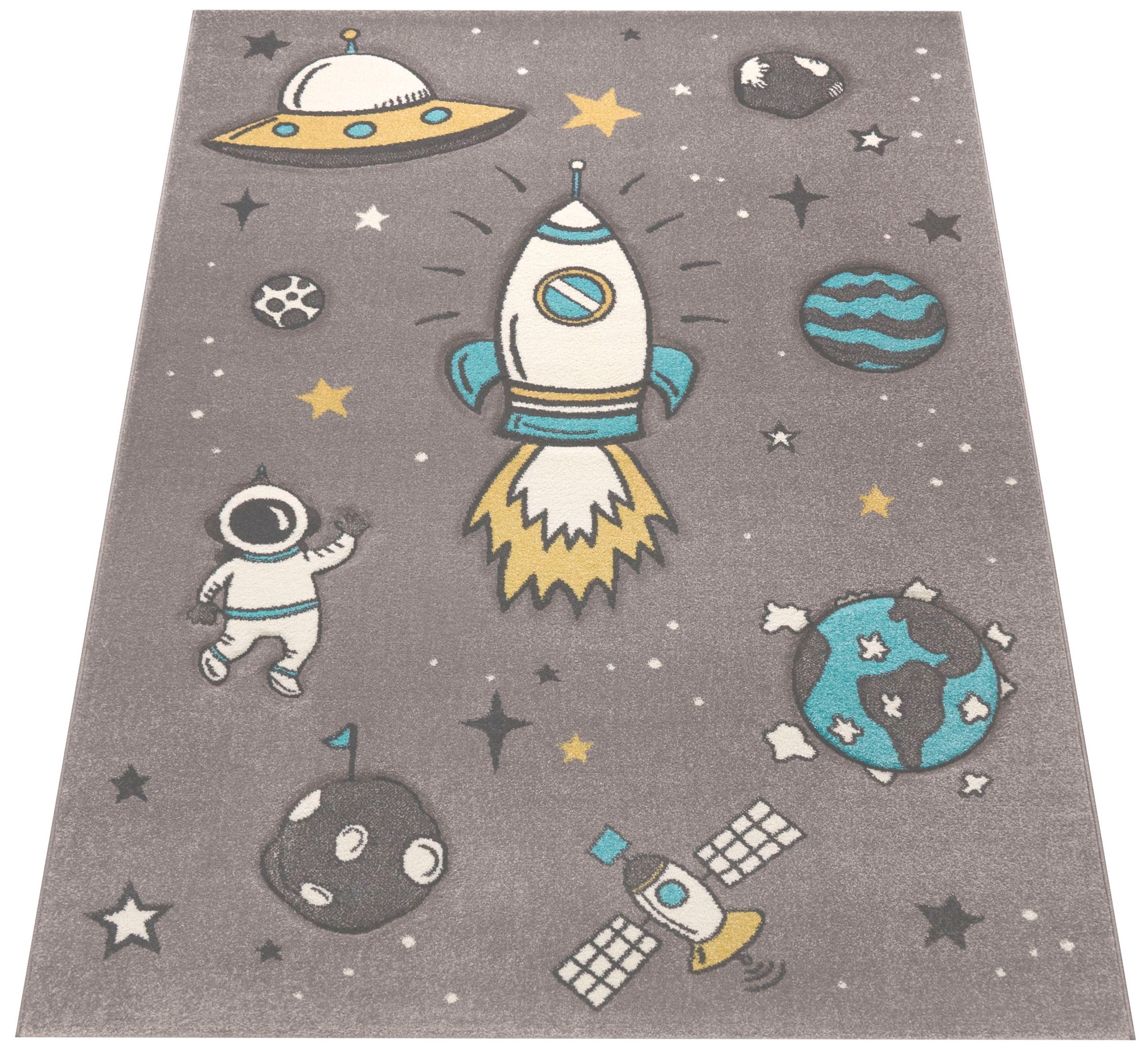 Paco Home Kinderteppich »Diamond 100«, rechteckig, 18 mm Höhe, 3D-Design, Motiv Weltraum, Rakete & Astronaut, Kinderzimmer