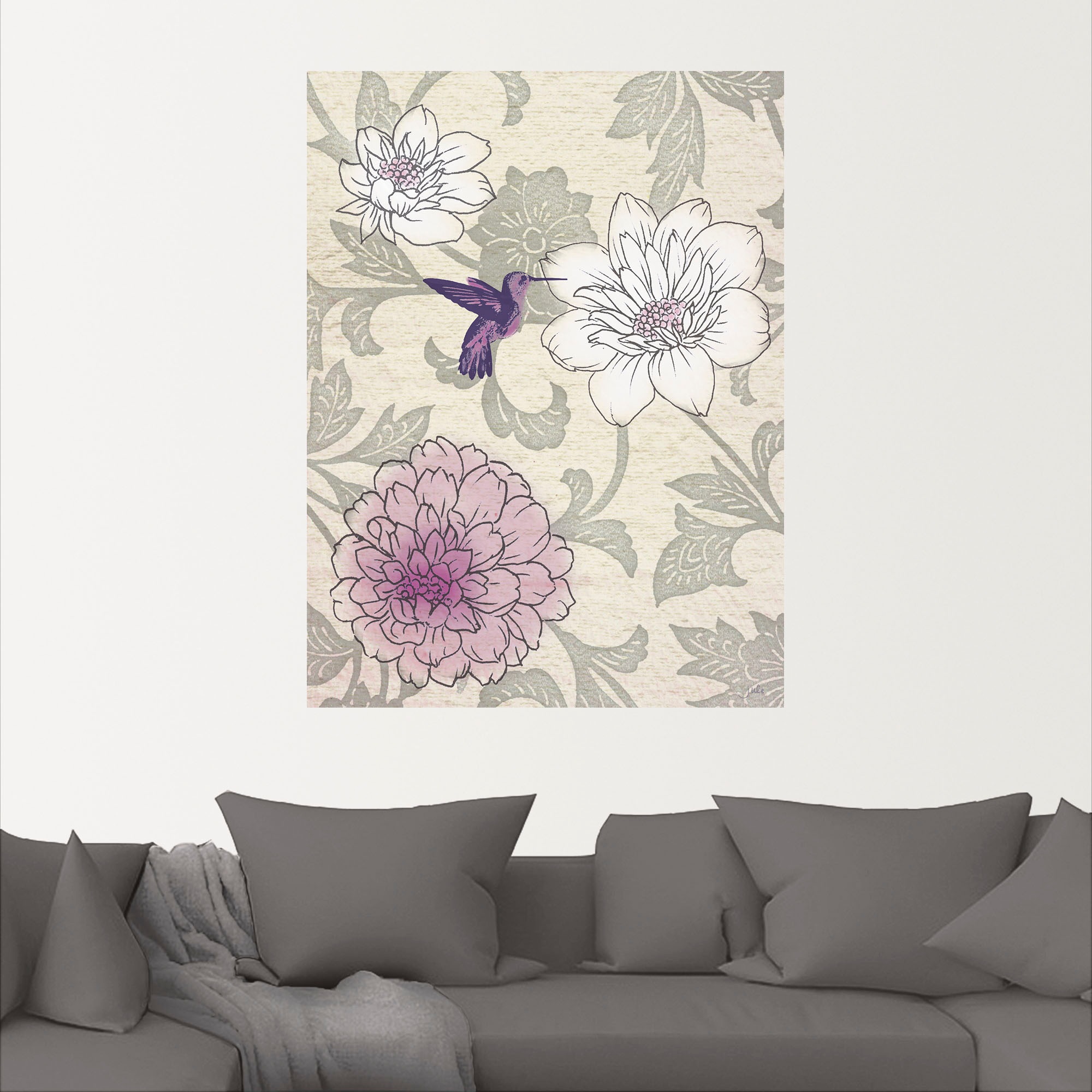 Artland Wandbild »Blumenmuster mit Kolibri«, Blumen, (1 St.), als Poster, Wandaufkleber in verschied. Grössen