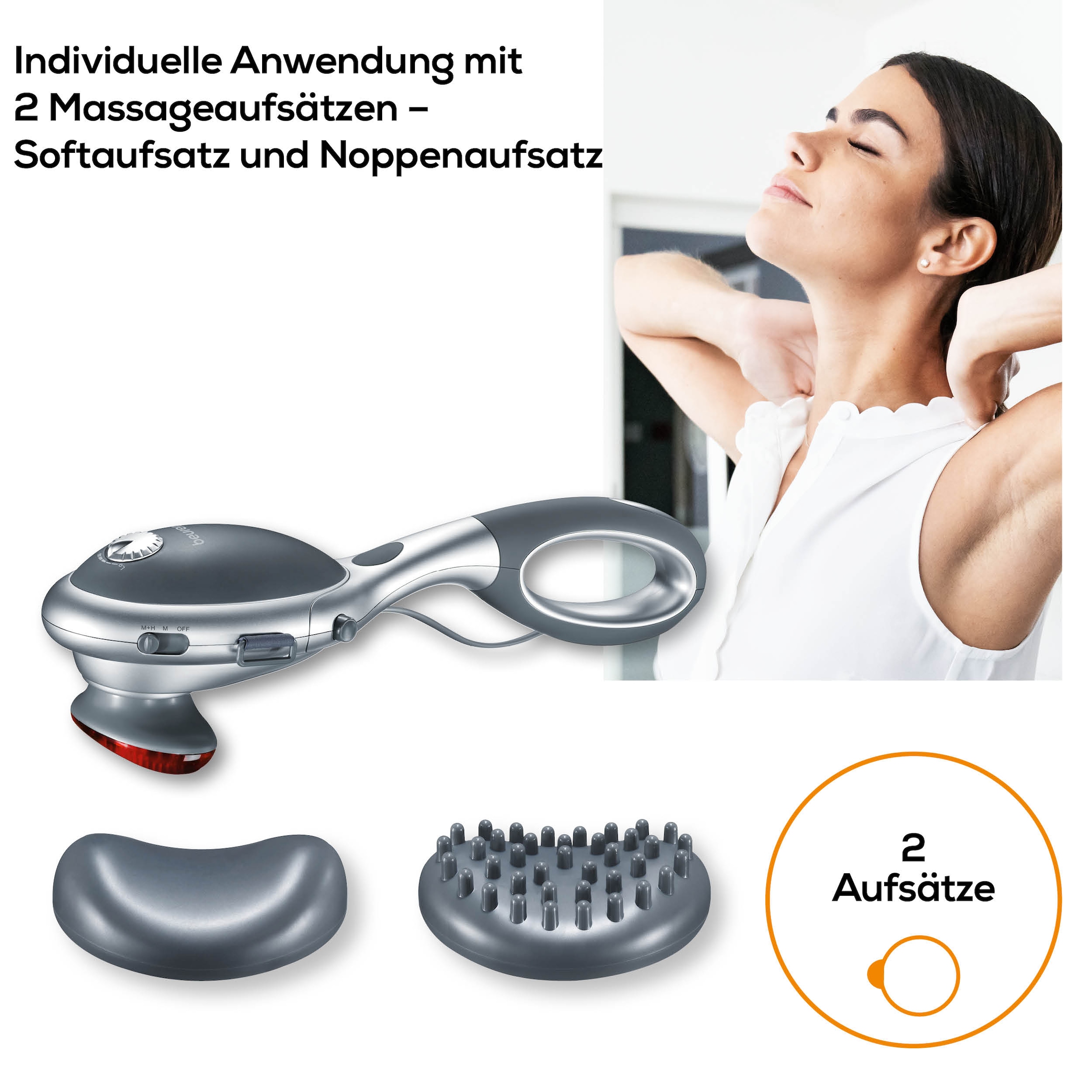 BEURER Massagegerät »MG 70 für eine tiefenwirksame Klopfmassage mit Infrarotwärme«, Vielseitig anwendbar mit oder ohne Handgriff, 2 Massageaufsätze