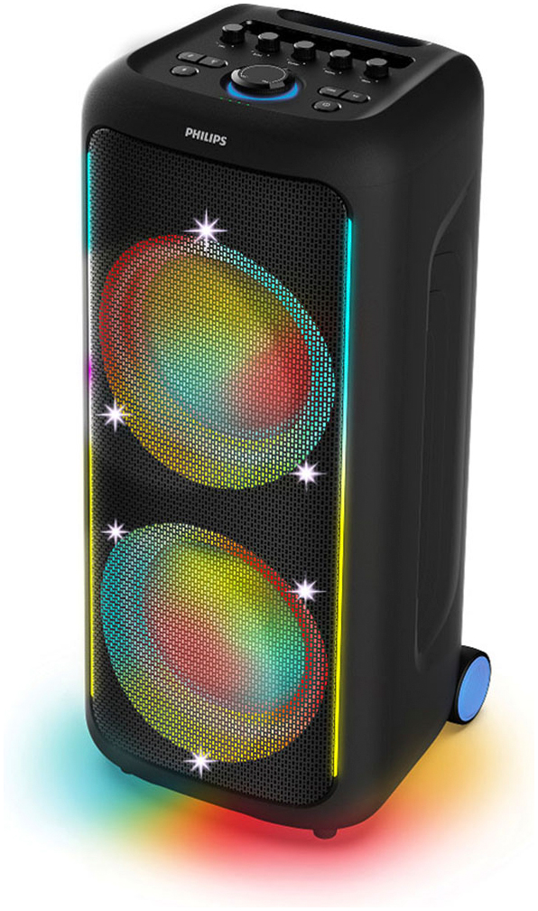 Philips Party-Lautsprecher "TAX5000E" Stereo (Bluetooth Bass- und Lautstärkeregelung  Beleuchtungseffekte  Extra Bass  Kabellos  Karaoke-fähig  Lautstärkeanpassung  Sprachsteuerung über das Smartphone  USB-Aufnahme 100 W)