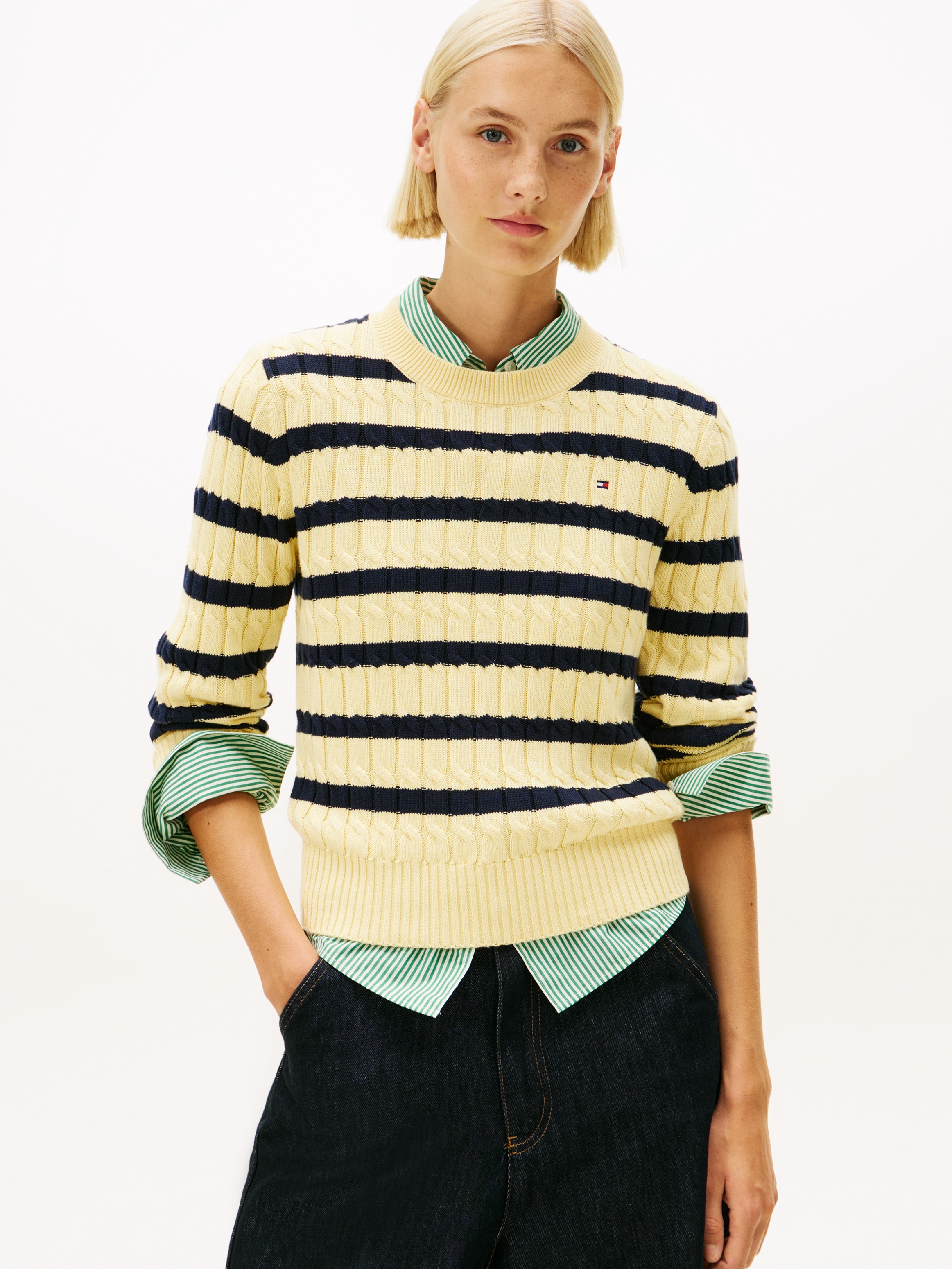 Tommy Hilfiger Rundhalspullover "CO CABLE MID GG C-NK LS SWT" mit Zopfmuster