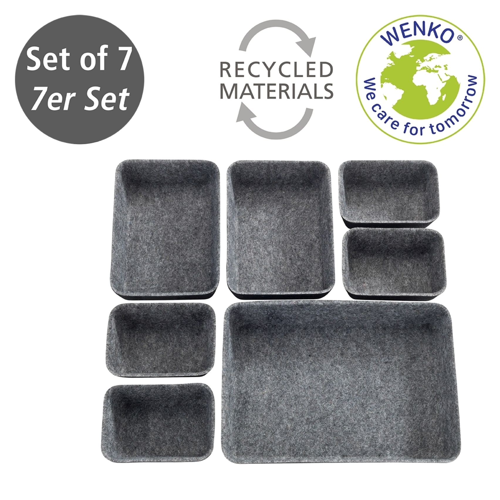 WENKO Organizer, (Set, 7 St.), Aufbewahrungsboxen für Schubladen, 3 Grössen, recycelter Polyesterfilz