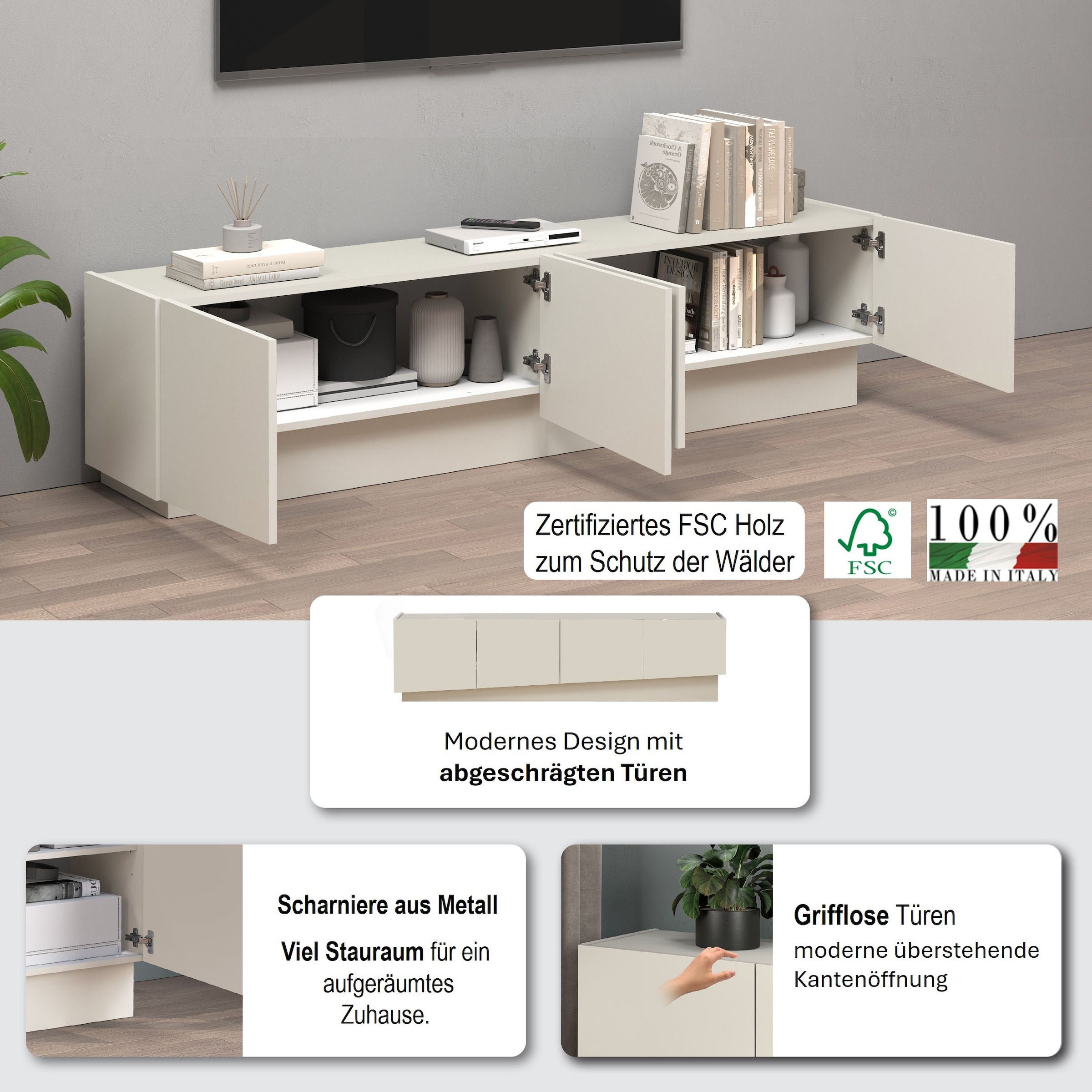 INOSIGN Lowboard »VELA, Lowboard, Breite 180 cm, Design mit schrägen Türen«, (1 St.), Made in Italy, Masse-B/T/H: 180x35x45, Lowboard, TV-Board, TV-Kommode