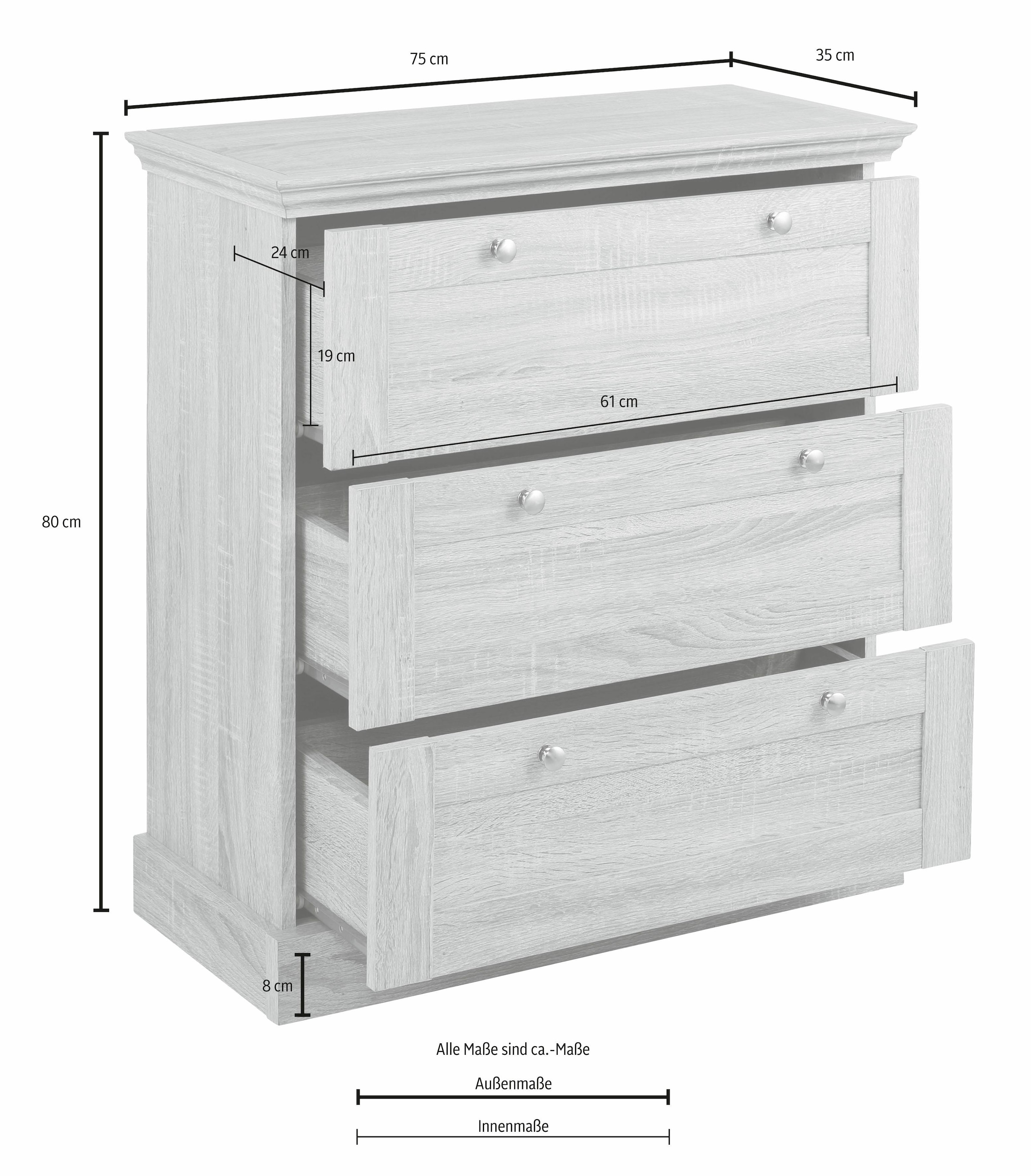 Home affaire Schubladen, | online 3 cm kaufen Schubkastenkommode »Binz«, schönen Jelmoli-Versand 75 Metallgriffen, mit Breite