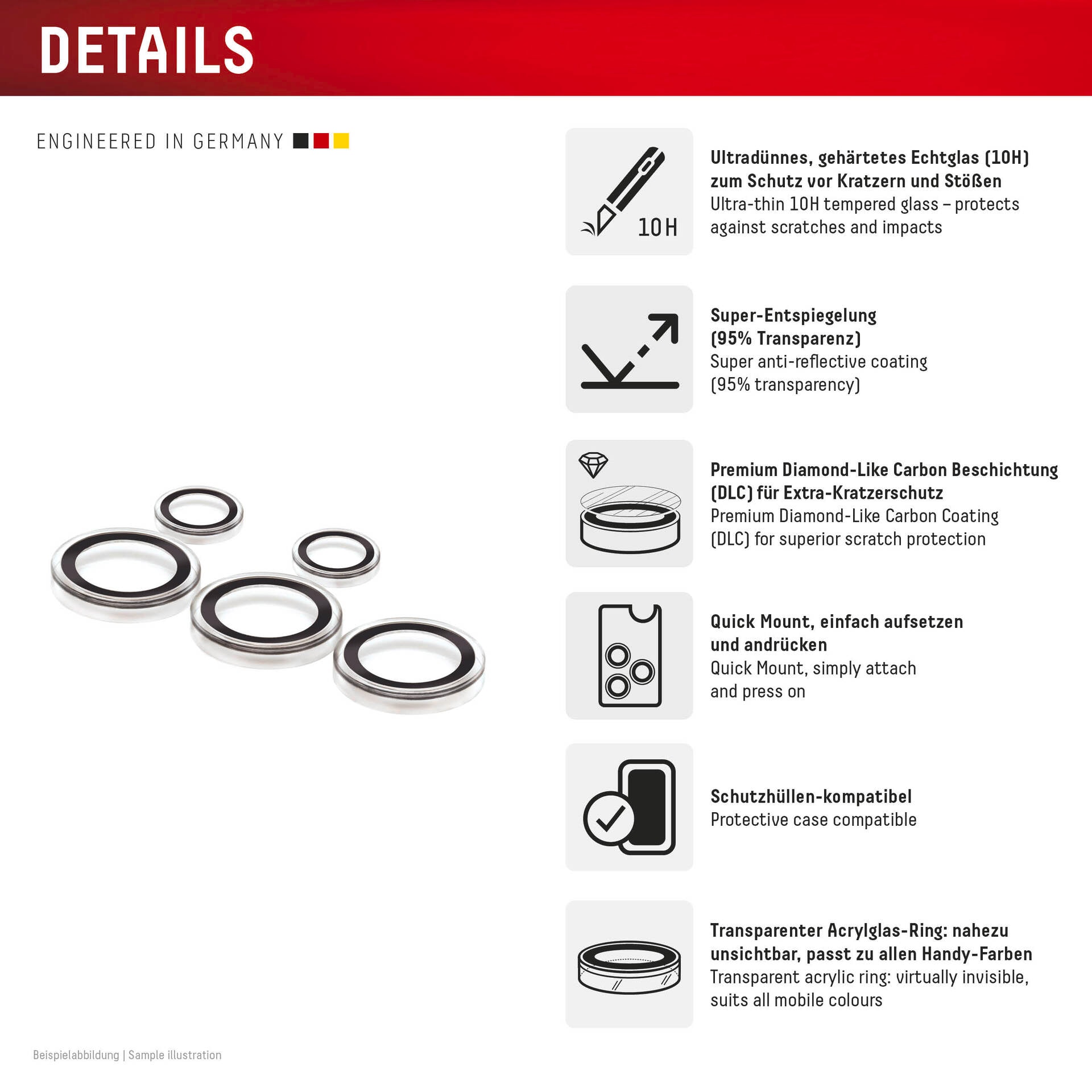 Displex Kameraschutzglas »Camera Lens Glass Single Glass Ring Protector«, für Samsung Galaxy S25 Ultra, (Packung, 2x Einzellinsen-Schutzringe), Objektivschutz, Kameraschutz, kratz- & stossfest