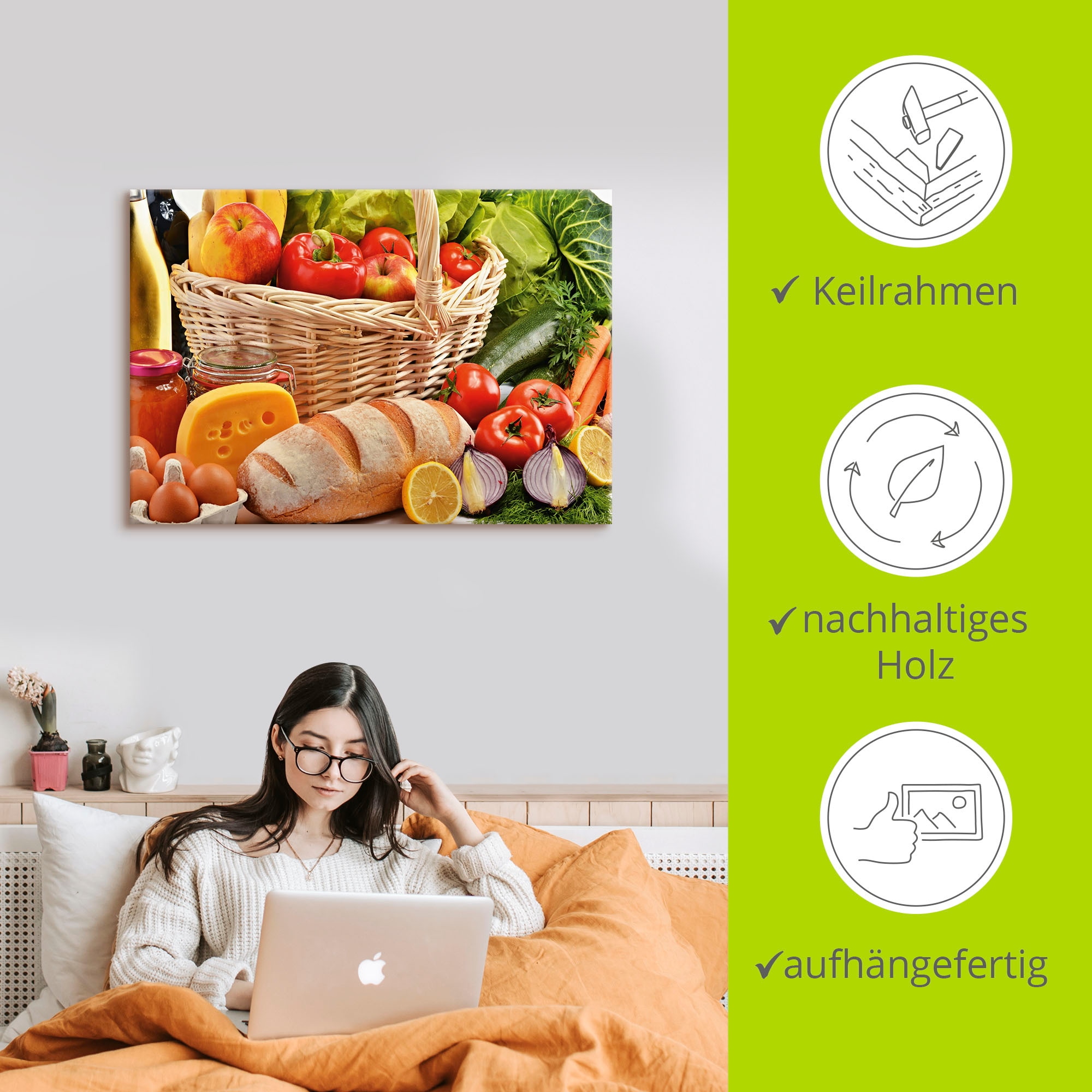 Artland Wandbild »Gesund Leben - Obst und Gemüsekorb«, Lebensmittel, (1 St.), als Alubild, Leinwandbild, Wandaufkleber oder Poster in versch. Grössen