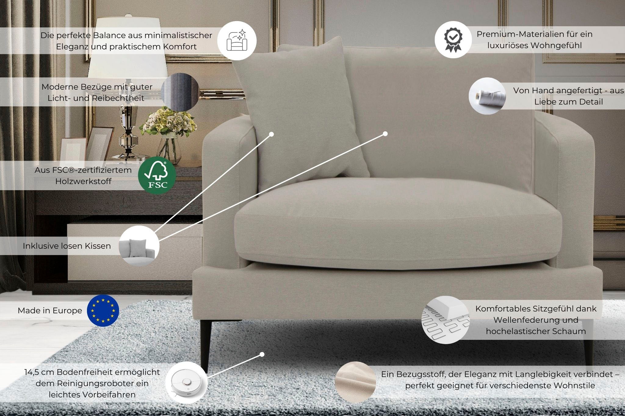 Leonique Sessel »Cozy Loungesessel, Designersessel, Masse B/T/H: 91/97/80 cm«, mit Metallbeinen und Zierkissen