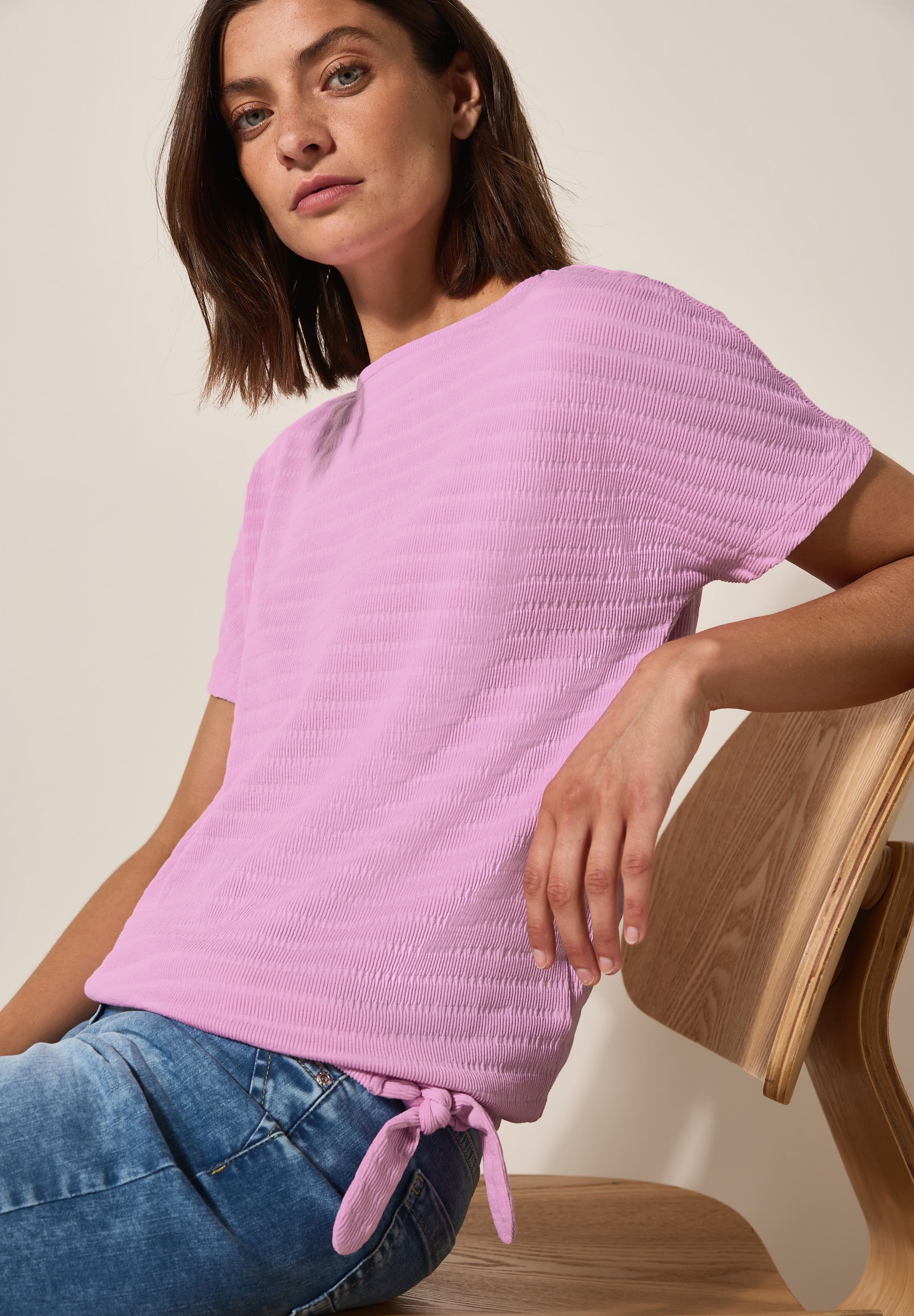 Cecil T-Shirt, in Smok-Optik und mit Knoten-Detail
