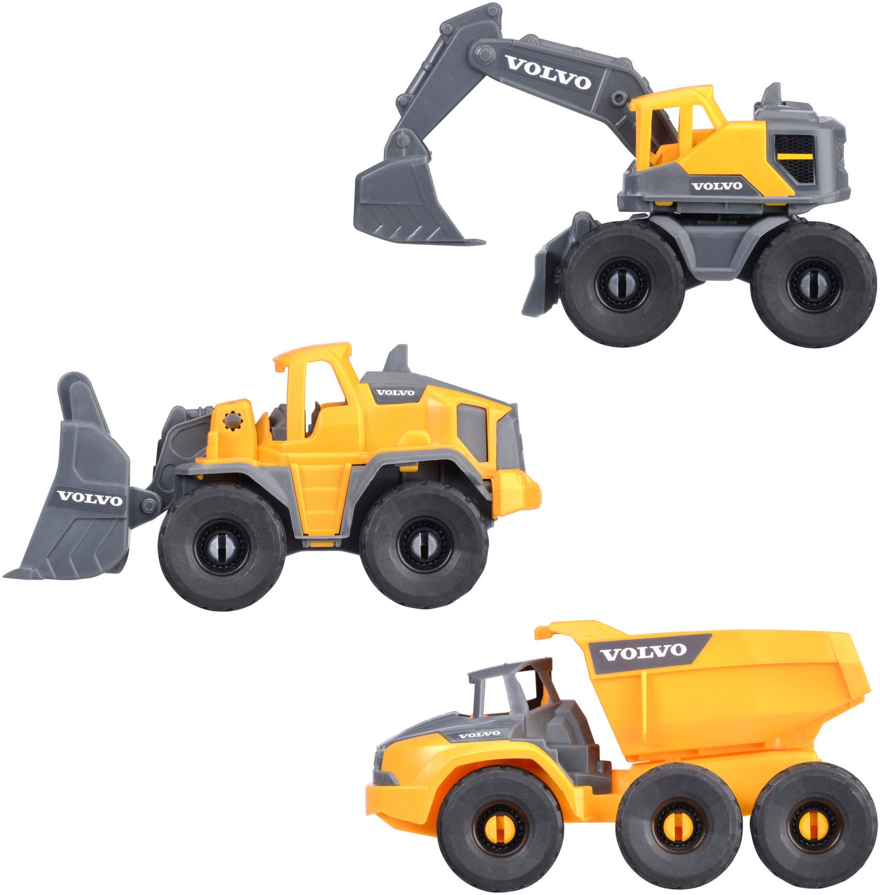 Dickie Toys Spielzeug-Baumaschine »Volvo Construction Set«, (Set, Bestehend aus Bagger, Radlader, Kipplaster)