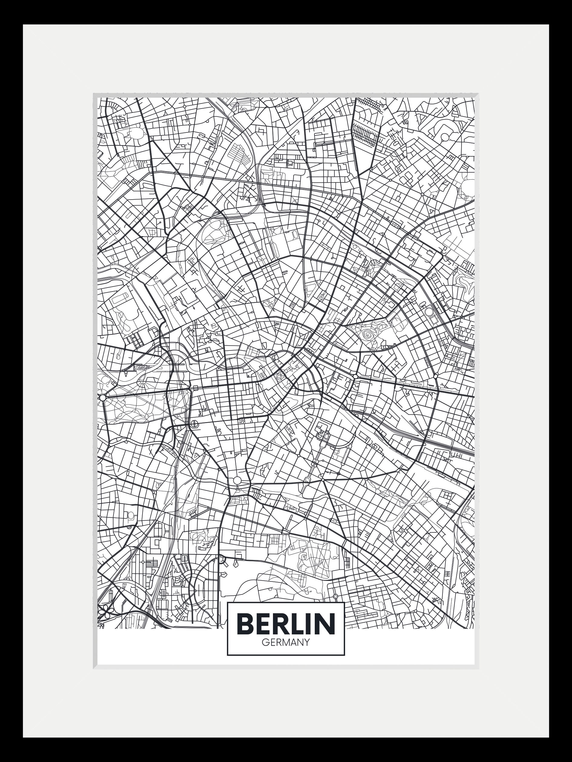 queence Bild »Berlin Stadtkarte«, Städte-Stadt-Deutschland-Berlin-Schwarz-Weiss, (1 St.), HD Premium Poster-Druck inkl. Holzrahmen
