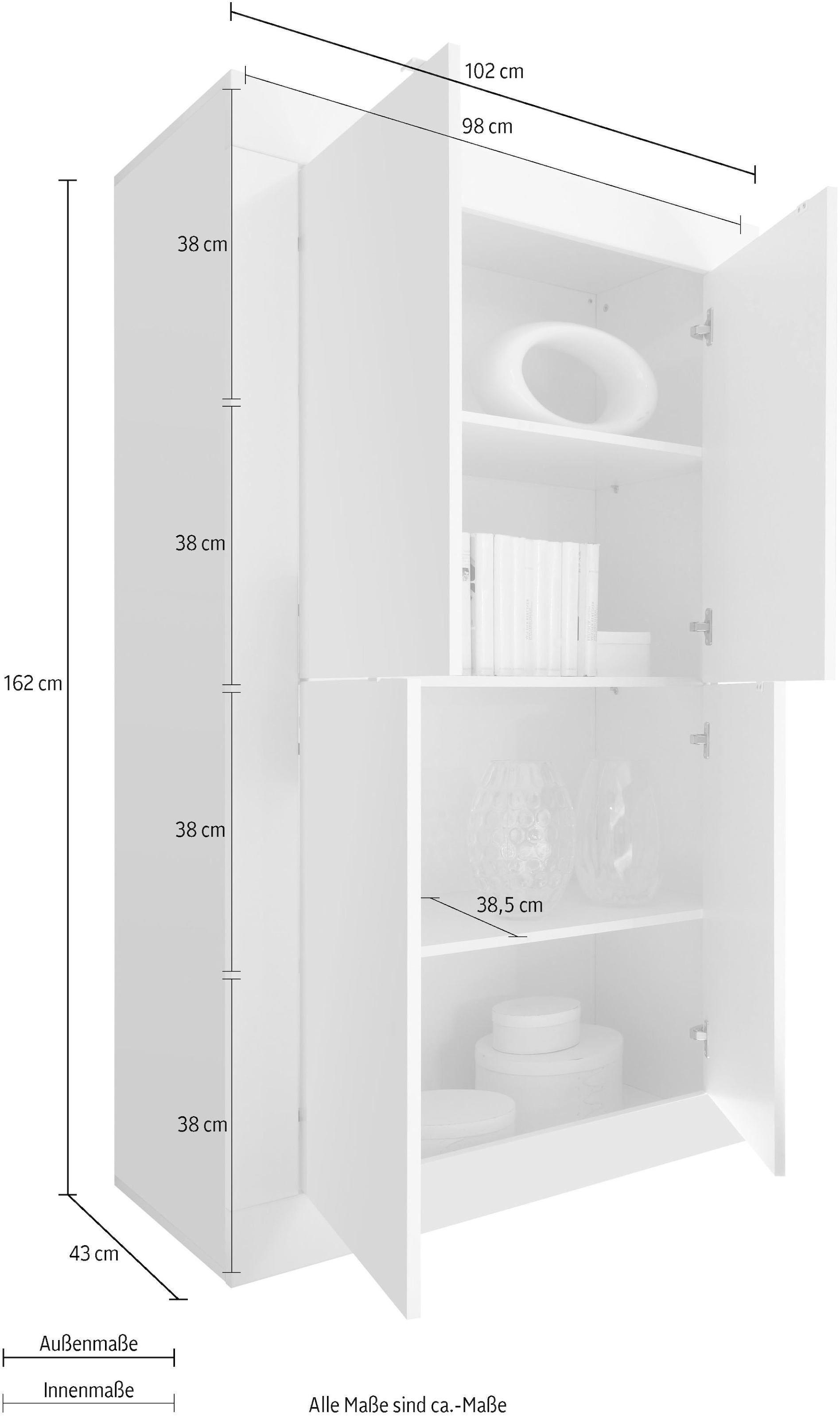 INOSIGN Highboard »Basic Höhe 162 cm, Breite 102 cm, Kommode 4 Türen, Hochkommode«, Metallgriff, moderne Rahmenoptik, viel Stauraum, Farbauswahl