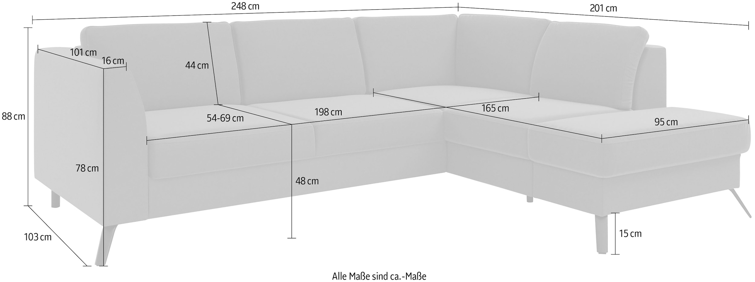 sit&more Ecksofa »Olsen L-Form«, inklusive Sitztiefenverstellung, wahlweise mit Bettfunktion, 15cm hoch