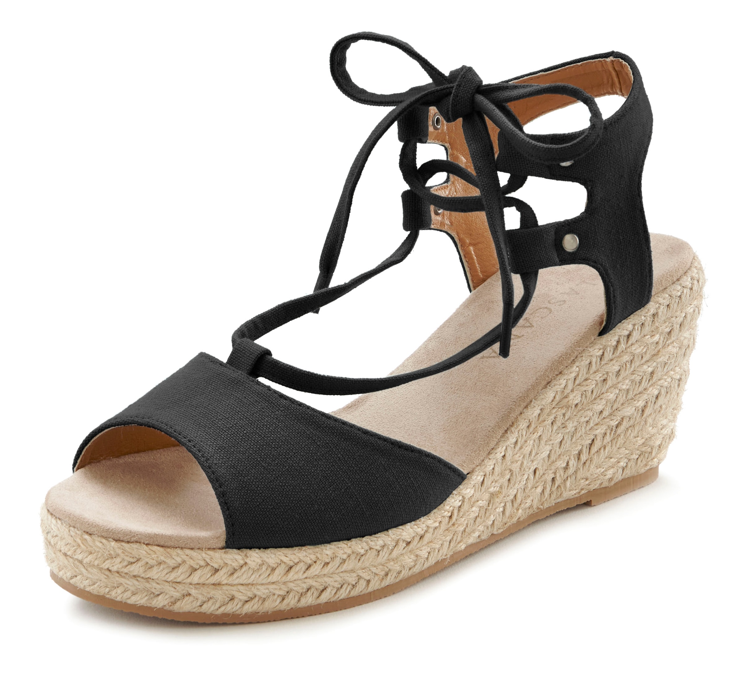 LASCANA Keilsandalette »Sommerschuh«, Sandalette, Sandale mit Keilabsatz, Bast-Optik & Schnürung VEGAN