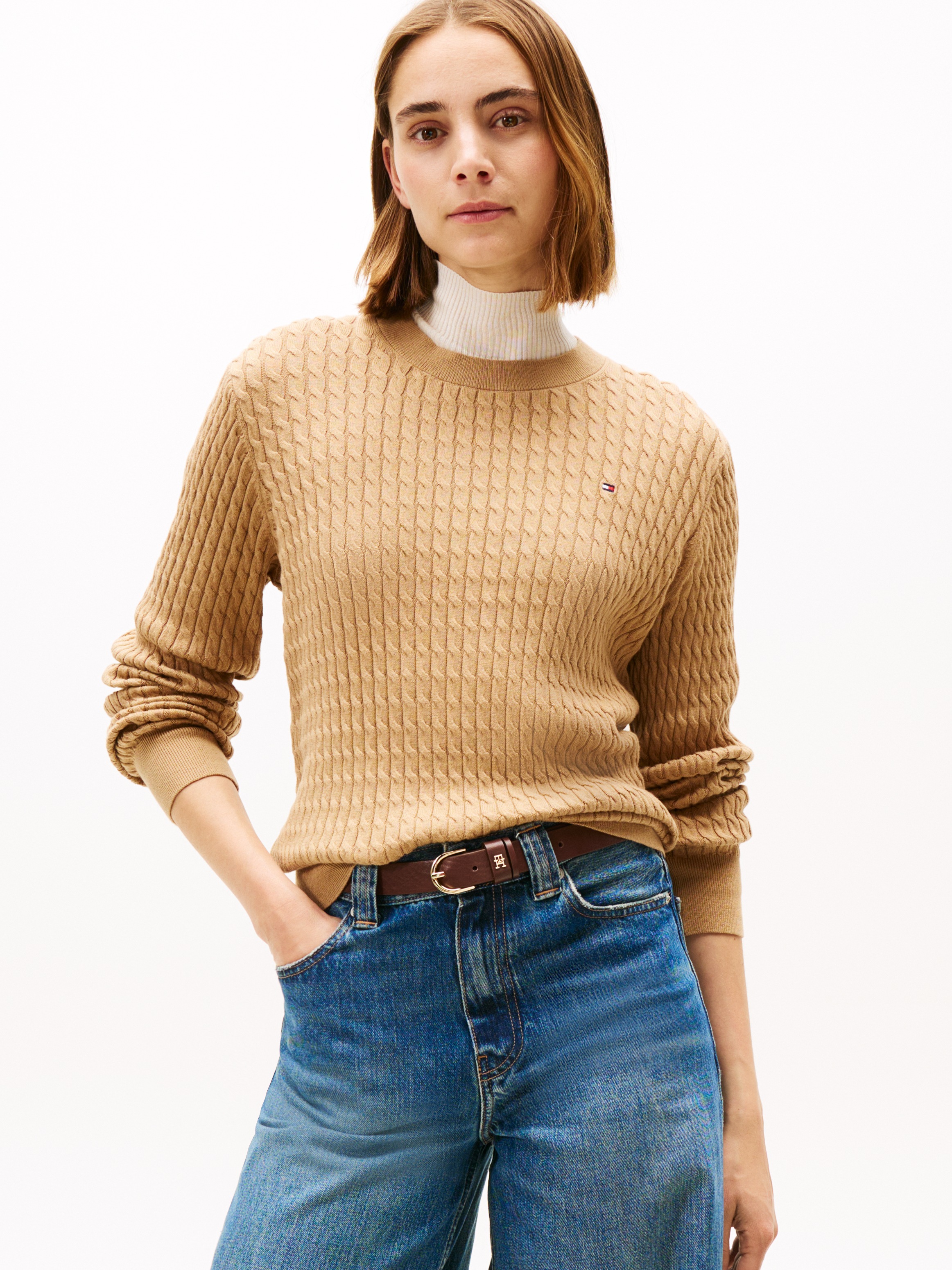 Tommy Hilfiger Rundhalspullover »CO CABLE C-NK LS SWEATER« Baumwolle, mit Zopfmuster