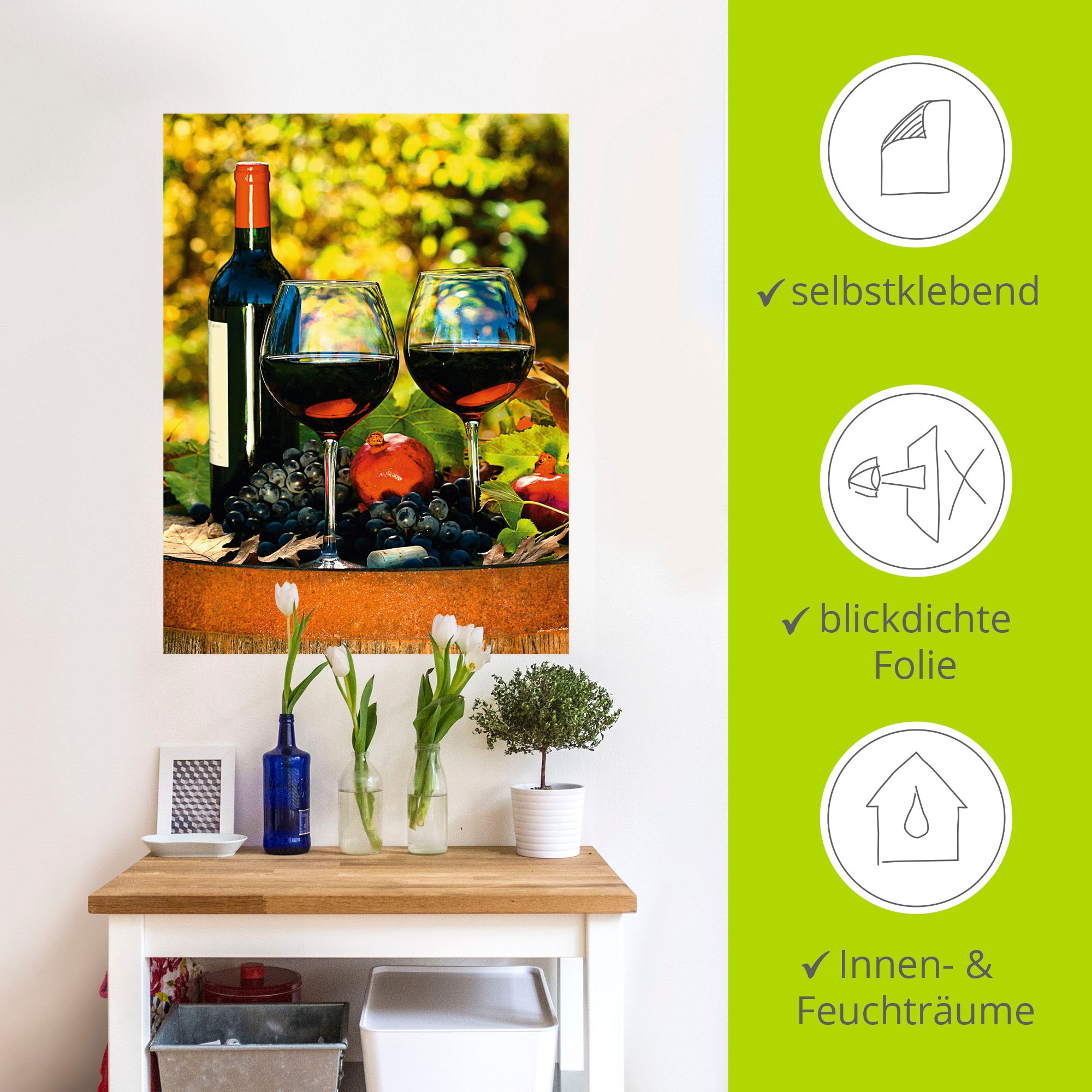 Artland Wandbild »Gläser Rotwein auf altem Fass«, Getränke, (1 St.), als Poster, Wandaufkleber in verschied. Grössen