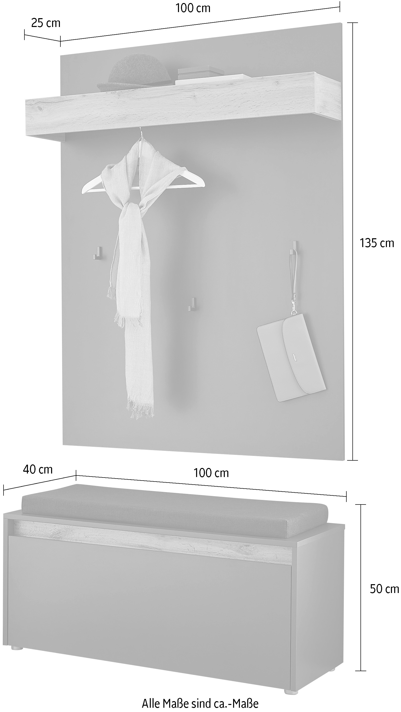 INOSIGN Garderoben-Set »GIRON/ CiTY, Garderobe in Wotan Eiche, moderner Garderobenschrank«, (Komplett-Set, 2 St.), enthält Garderobenpaneel & Schuhbank inkl. Sitzkissen, 100 cm breit