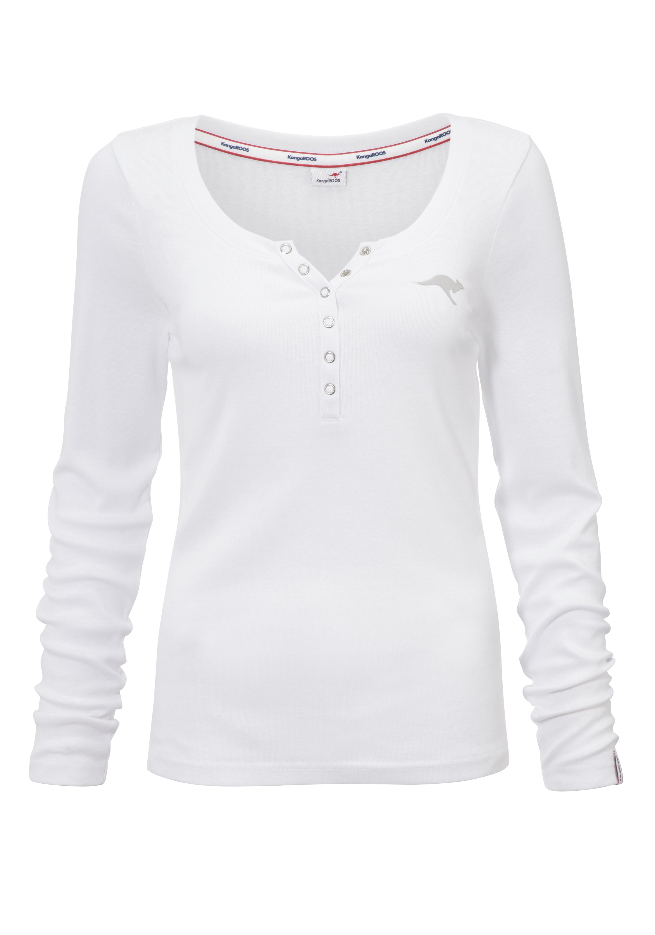 KangaROOS Langarmshirt, krempelbare Ärmel, figurbetonter Schnitt, mit Logodruck