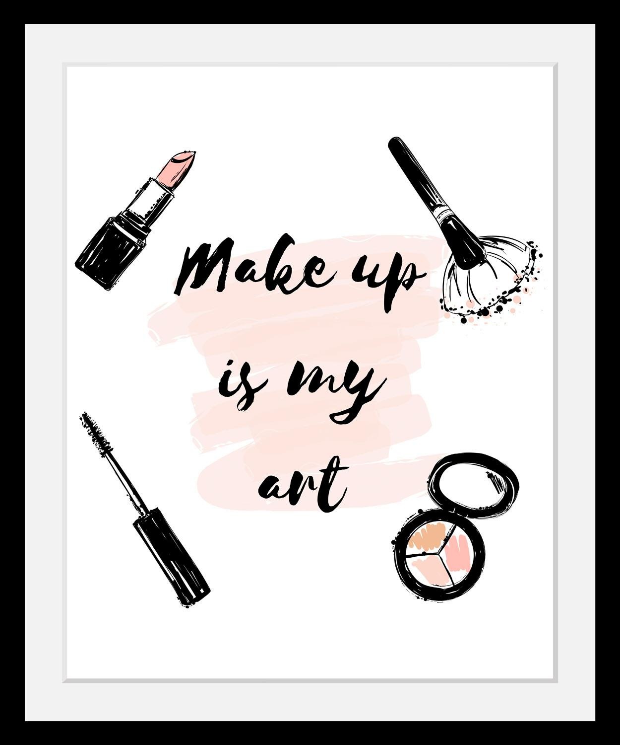 queence Bild »Make up«, Schwarz-Weiss-Schriftzug-Motivationsbilder-Fashion-Frau, HD Premium Poster-Druck inkl. Holzrahmen