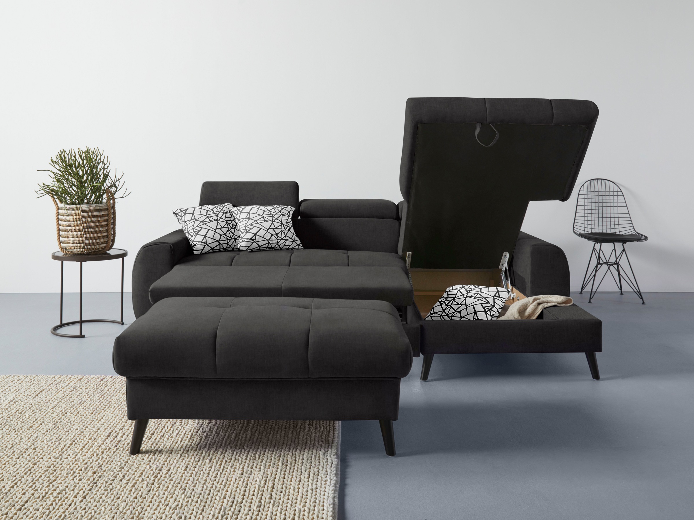 COTTA Ecksofa »Mia L-Form mit 3 Zierkissen«, wahlweise mit Bettfunktion, Bettkasten, Beleuchtung & Wireless-Charger
