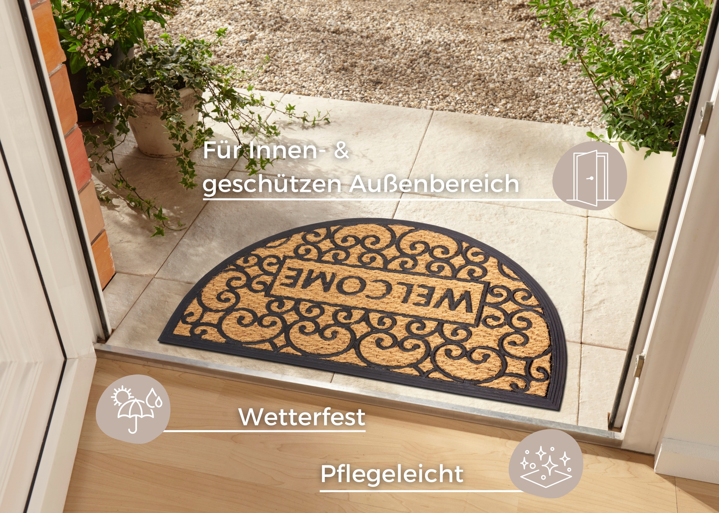 HANSE Home Fussmatte »Welcome, Türmatte«, halbrund, 8 mm Höhe, Kokos, Gummi, Schmutzfangmatte, Outdoor, Rutschfest, Innen, Kokosmatte