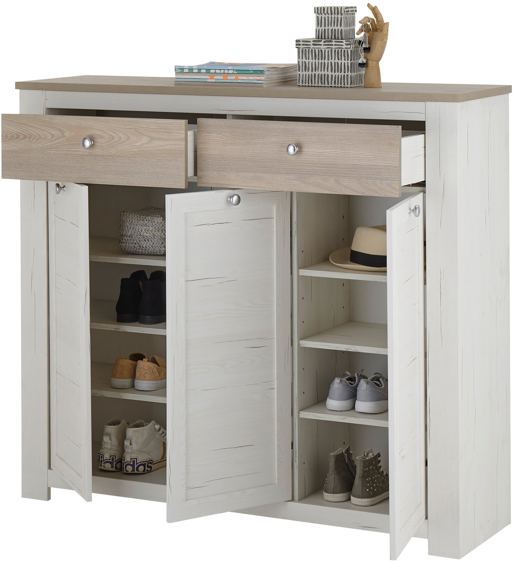 HBZ Schuhschrank »Brixen im Landhaustil, BxHxT 137x121x38 cm«, (1 St.), Schuhkommode mit 3 Türen, 2 Schubkästen, 3 Einlegeböden