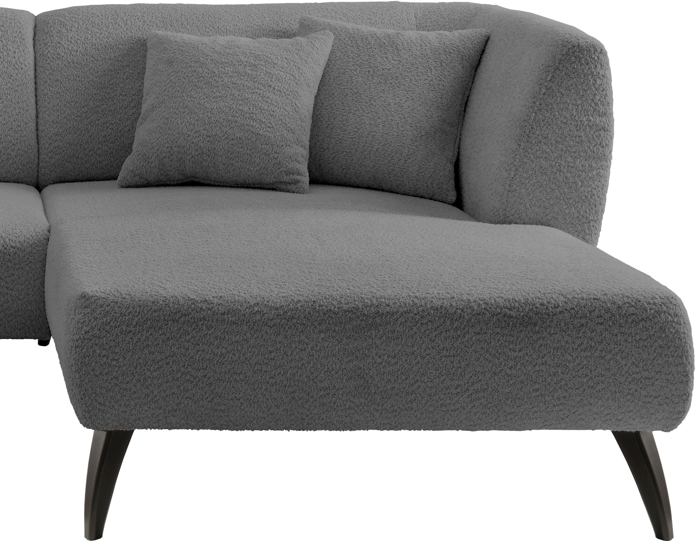 INOSIGN Ecksofa »Colori Polstermöbel mit zeitlos eleganter Rückenführung. L-Form«, Holzfussfarbe wählbar, inkl. 4x Zierkissen