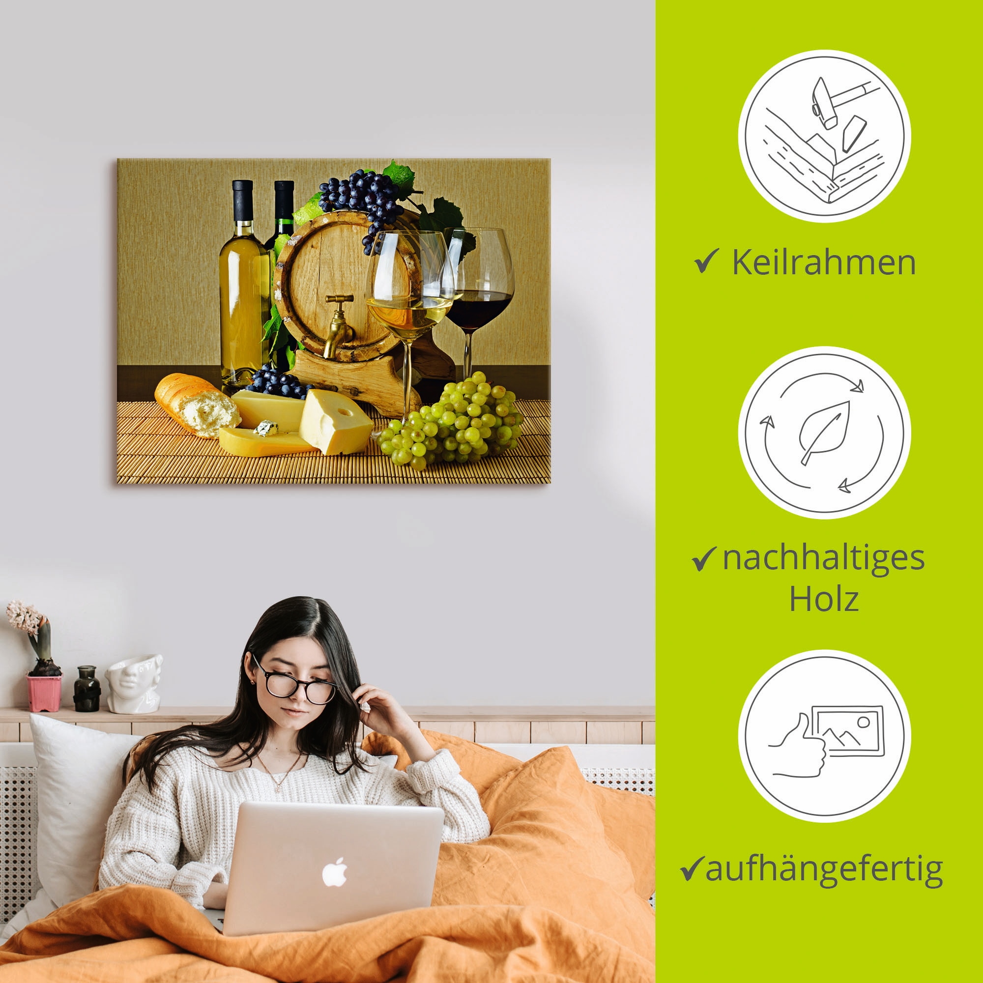 Artland Wandbild »Käse, Wein und Trauben«, Lebensmittel, (1 St.), als Alubild, Leinwandbild, Wandaufkleber oder Poster in versch. Grössen