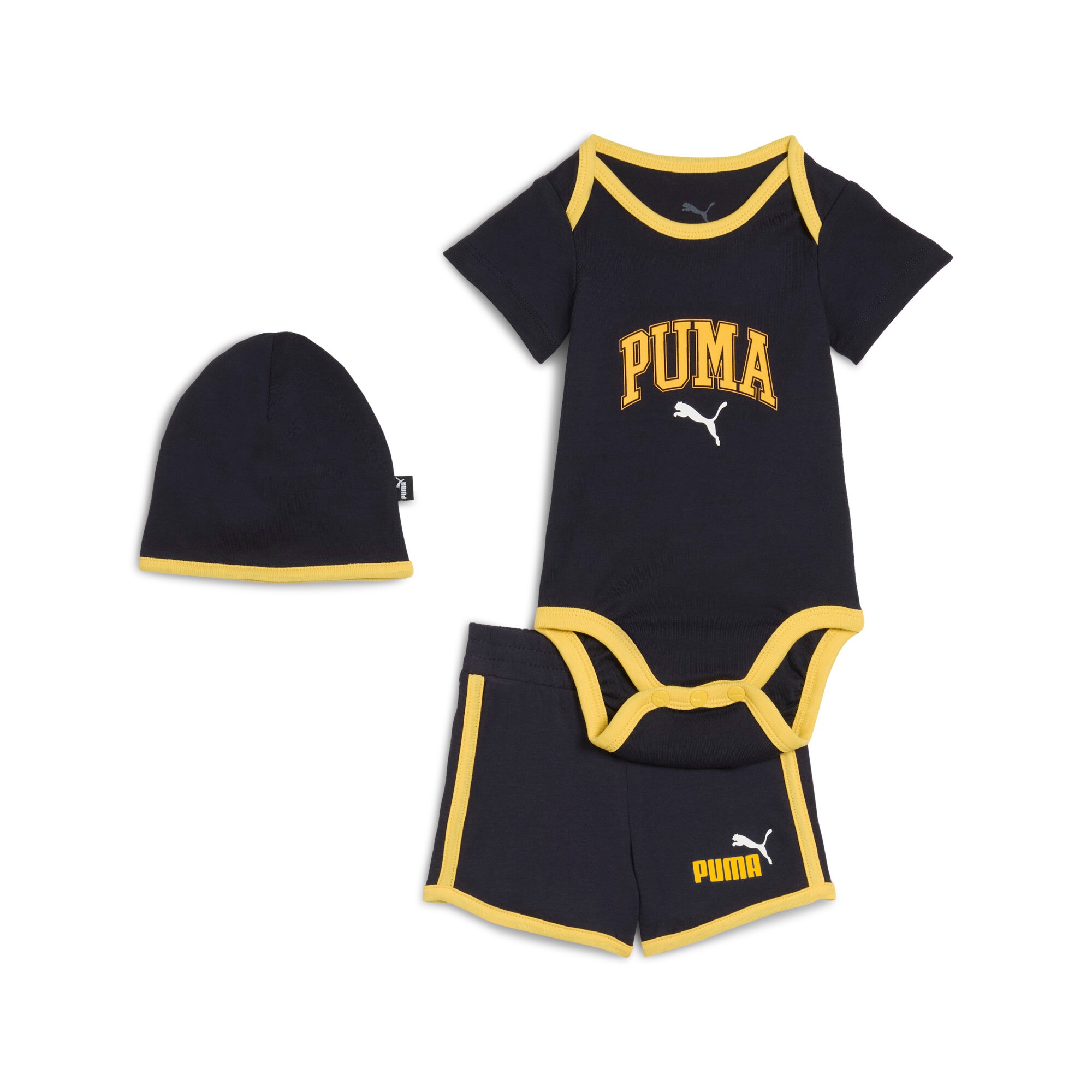 PUMA Trainingsanzug »MINICATS CLASS BORN 3-PIECE SET INF« 2 Stk. 3-teiliges Set mit Body, Shorts und Accessoire, sportlicher Stil