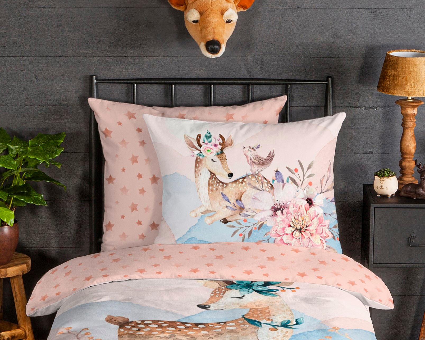 good morning Kinderbettwäsche »Josy«, Biber, 135x200, Warm, Reissverschluss, Wendeoptik, Mädchen Kind, Hirsch