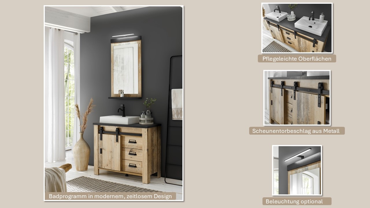 Home affaire Waschtisch »SHERWOOD«, Holz, Scheunentorbeschlag und Apothekergriffe aus Metall, Höhe 91 cm