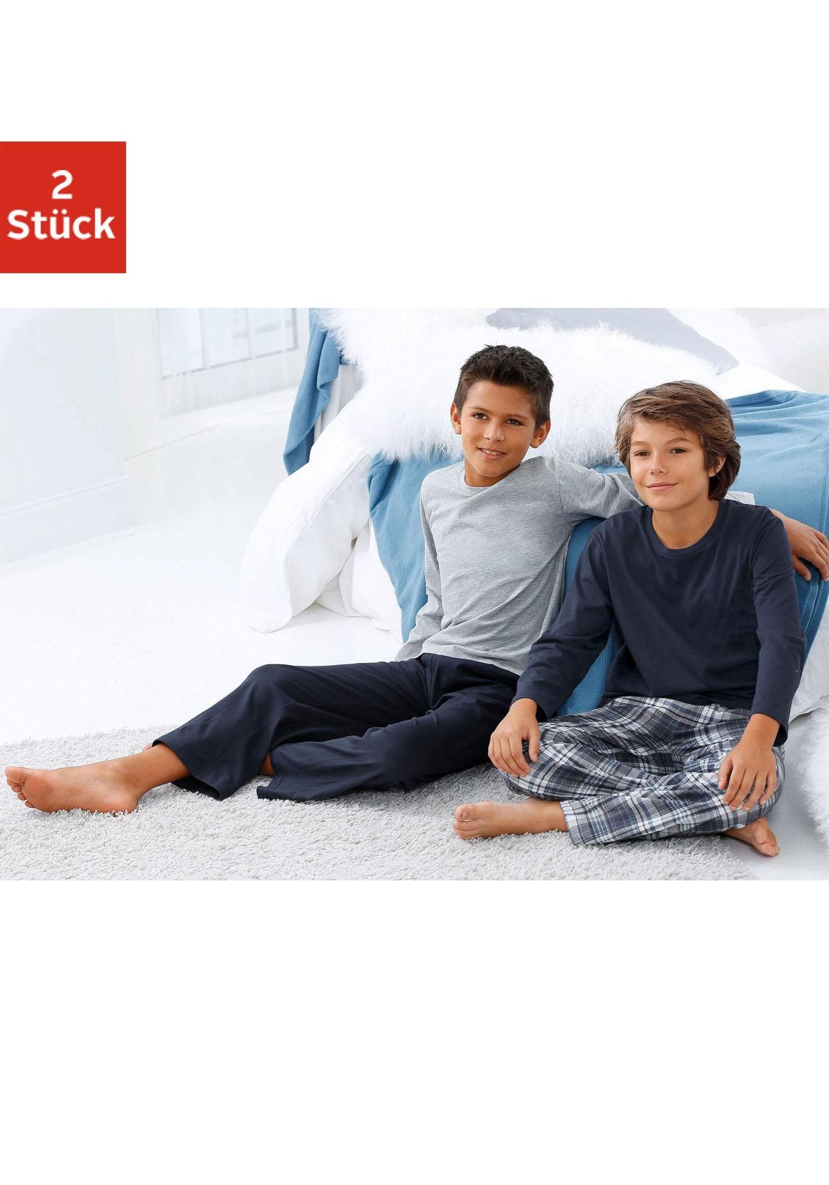 ✵ le jogger® Pyjama, (Packung, 4 tlg., 2 Stück), in langer Form, Hose 1x  uni und 1x kariert online entdecken | Jelmoli-Versand | Shortys