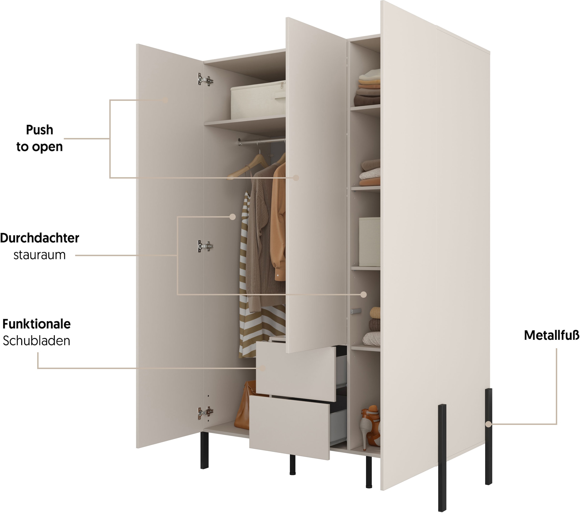 Home affaire Drehtürenschrank »Jukon, moderner Kleiderschrank mit Metallfüssen«, (B/H/T 3-Türer: ca. 135/210/60 4-Türer ca: 180/210/60), push to open Funktion, passend zur JUKON Serie, viel Stauraum