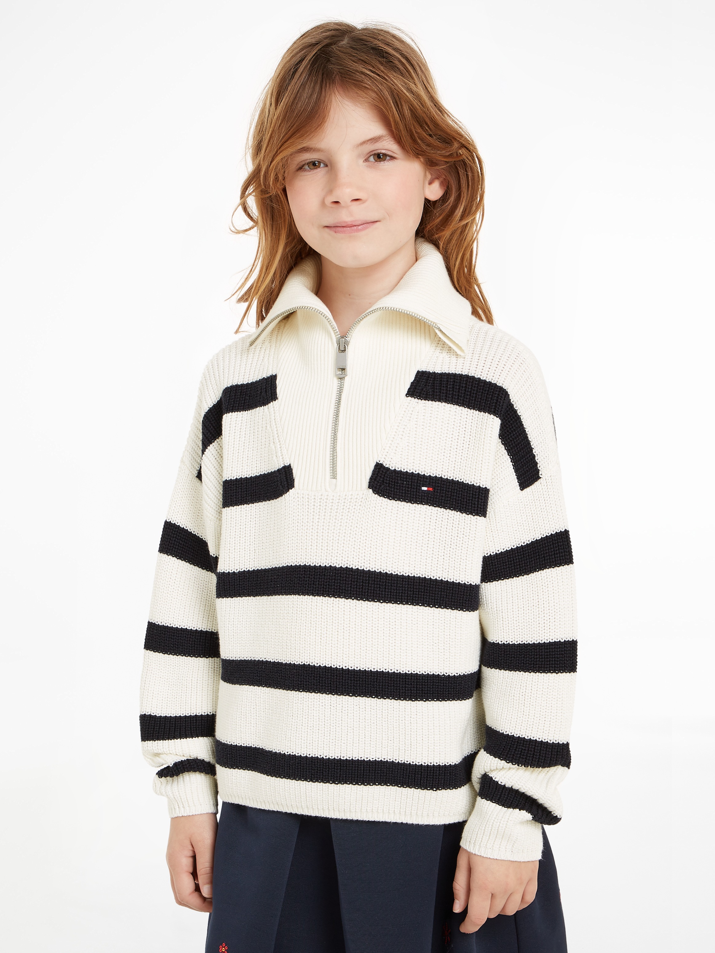 TOMMY HILFIGER Troyer »STRIPE HALF ZIP SWEATER«, Kinder bis 16 Jahre mit Logoprägung