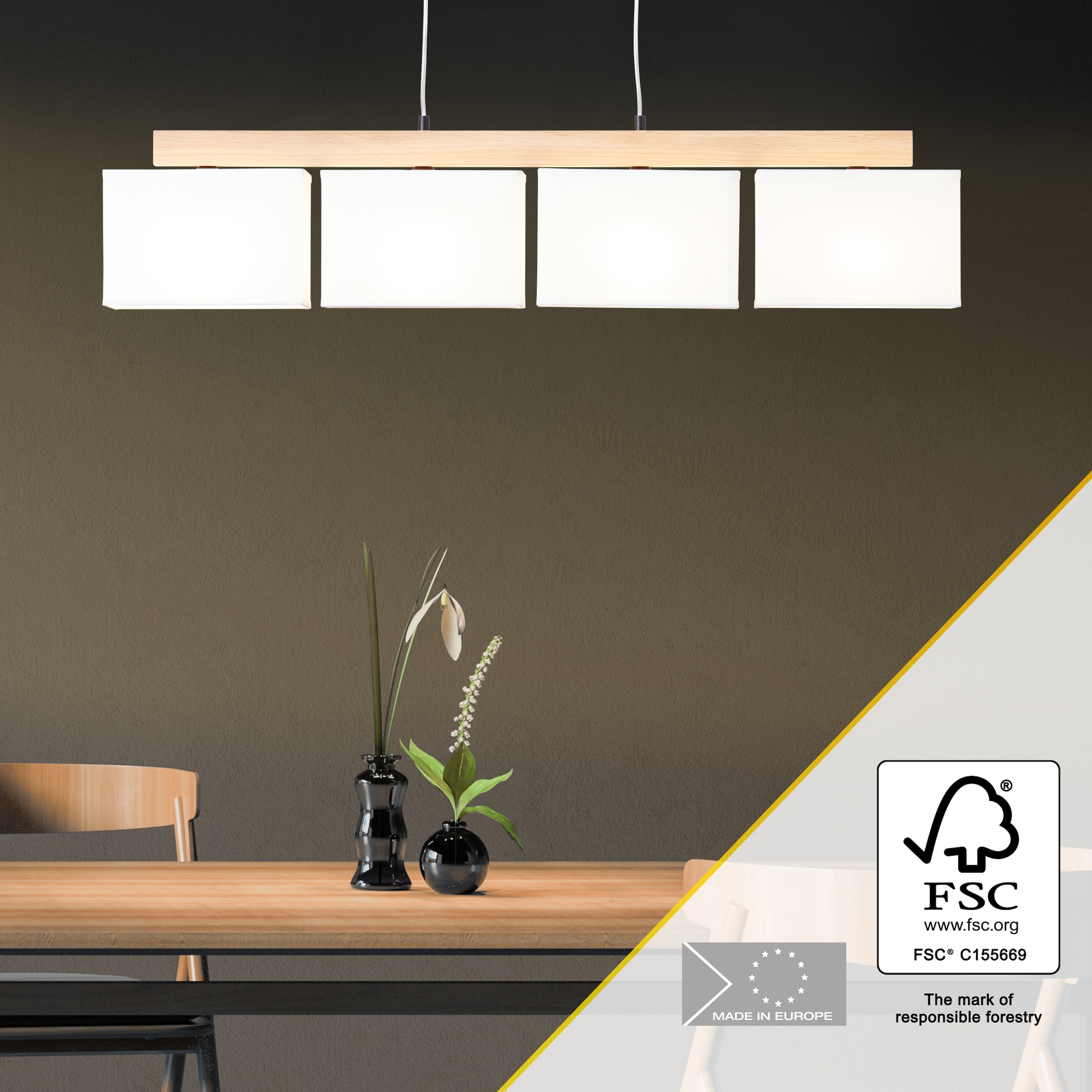Brilliant Pendelleuchte »Rayan«, 4 flammig, Leuchtmittel E27 | ohne Leuchtmittel, Stoffschirme, H 113 cm, B 95 cm, 4 x E27, eiche geölt/weiss